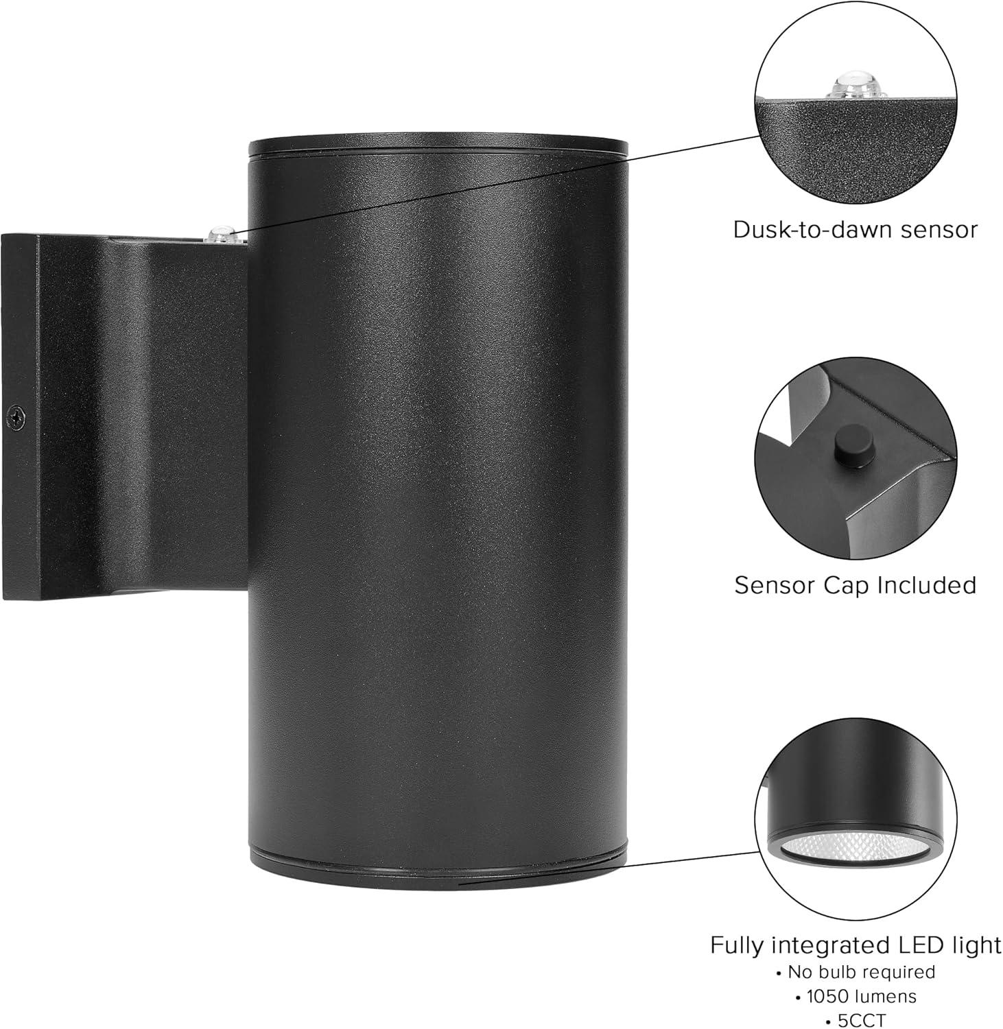 Maxxima Cylinder LED Outdoor Wall Light, Modern Wall Wash, 12 Watt, 1050 Lumens, 5 CCT 2700K/3000K/3500K/4000K/5000K, Dusk to Dawn Photocell Sensor, Exterior Garage, Patio, or Porch Lighting, Black
