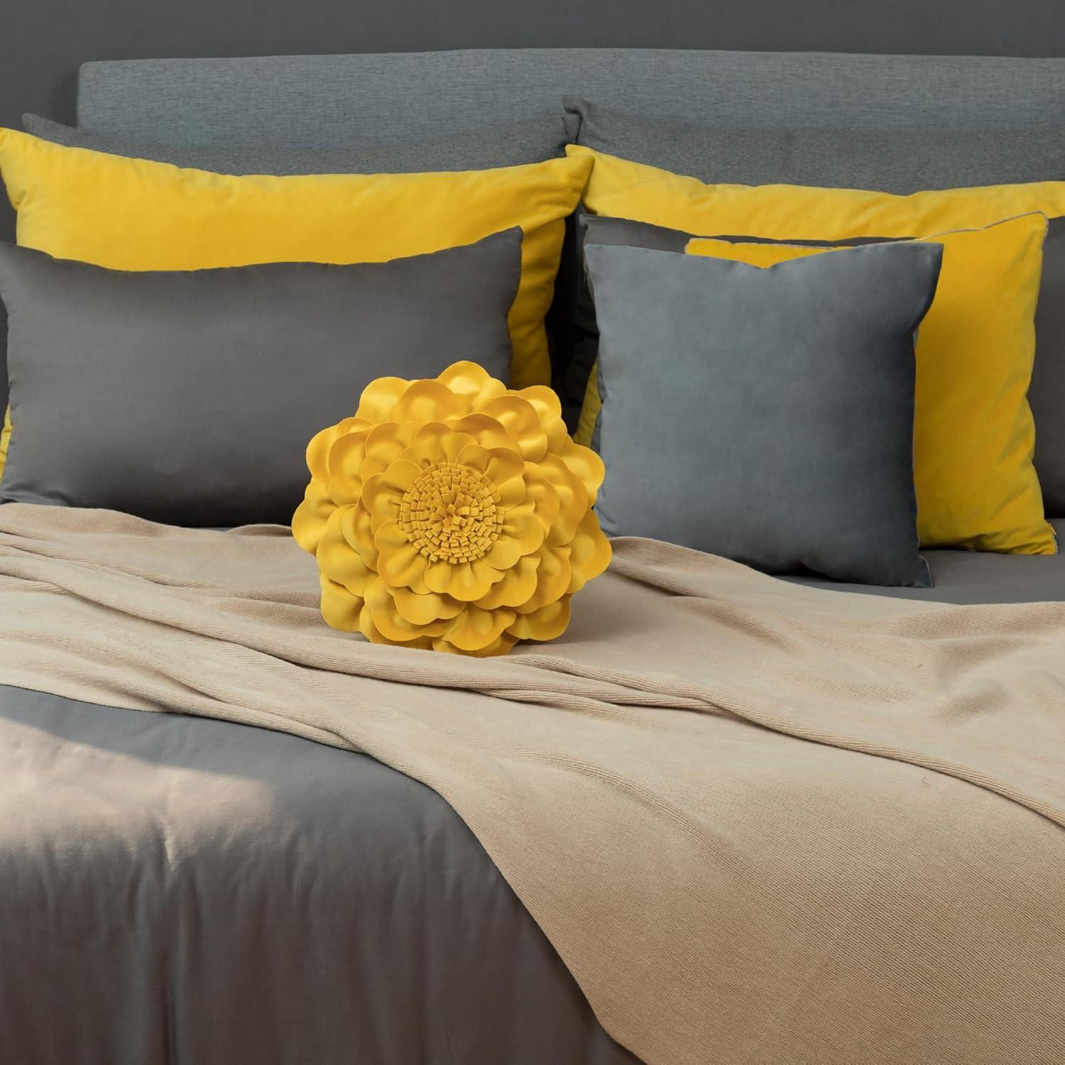 Golden Yellow 3D Flower Velvet Round Throw Pillow