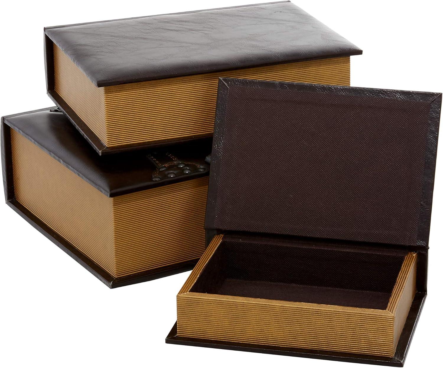 DecMode Vintage Faux Book Storage Dark Brown Faux Leather Decorative Box with Gold Buckle Accents, 3 Count