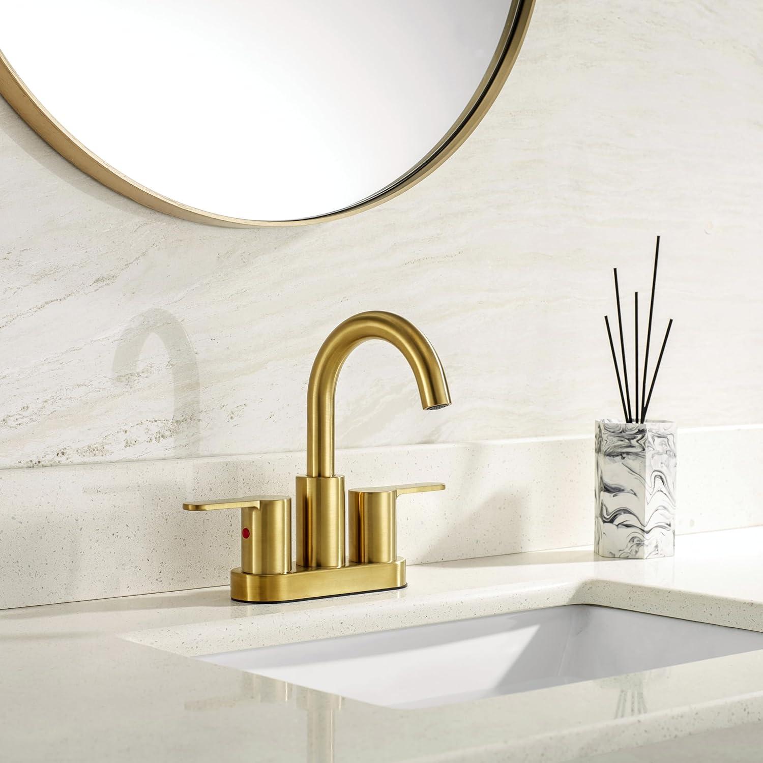 Brushed Gold 2 Handle Centerset Bathroom Faucet with Brass Spout