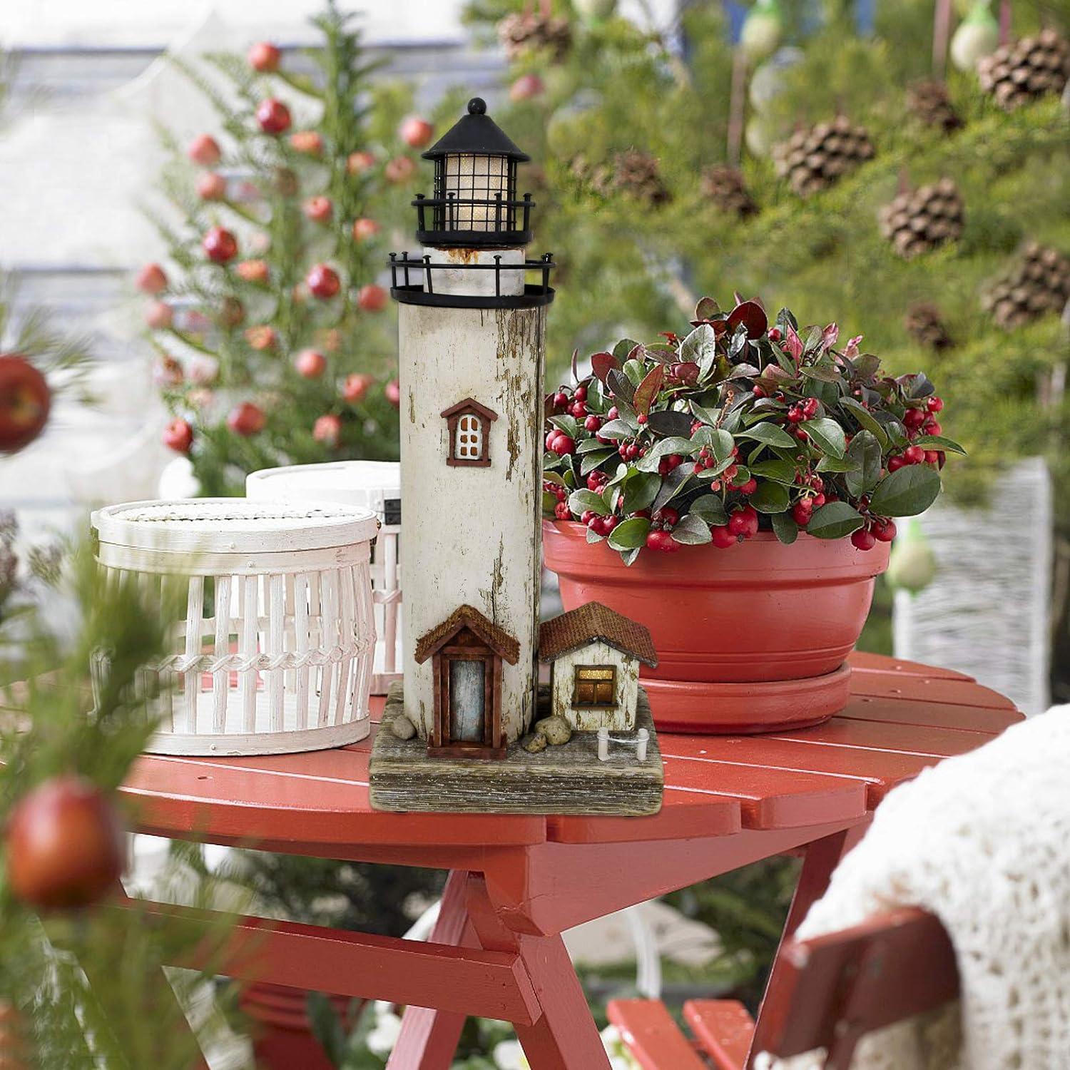 Rustic White and Brown Wooden Lighthouse Decor with LED Light