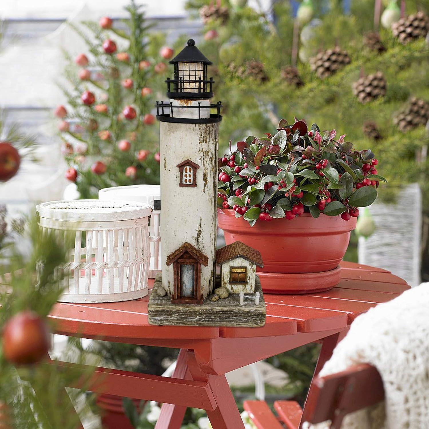 Rustic White and Brown Wooden Lighthouse Decor with LED Light