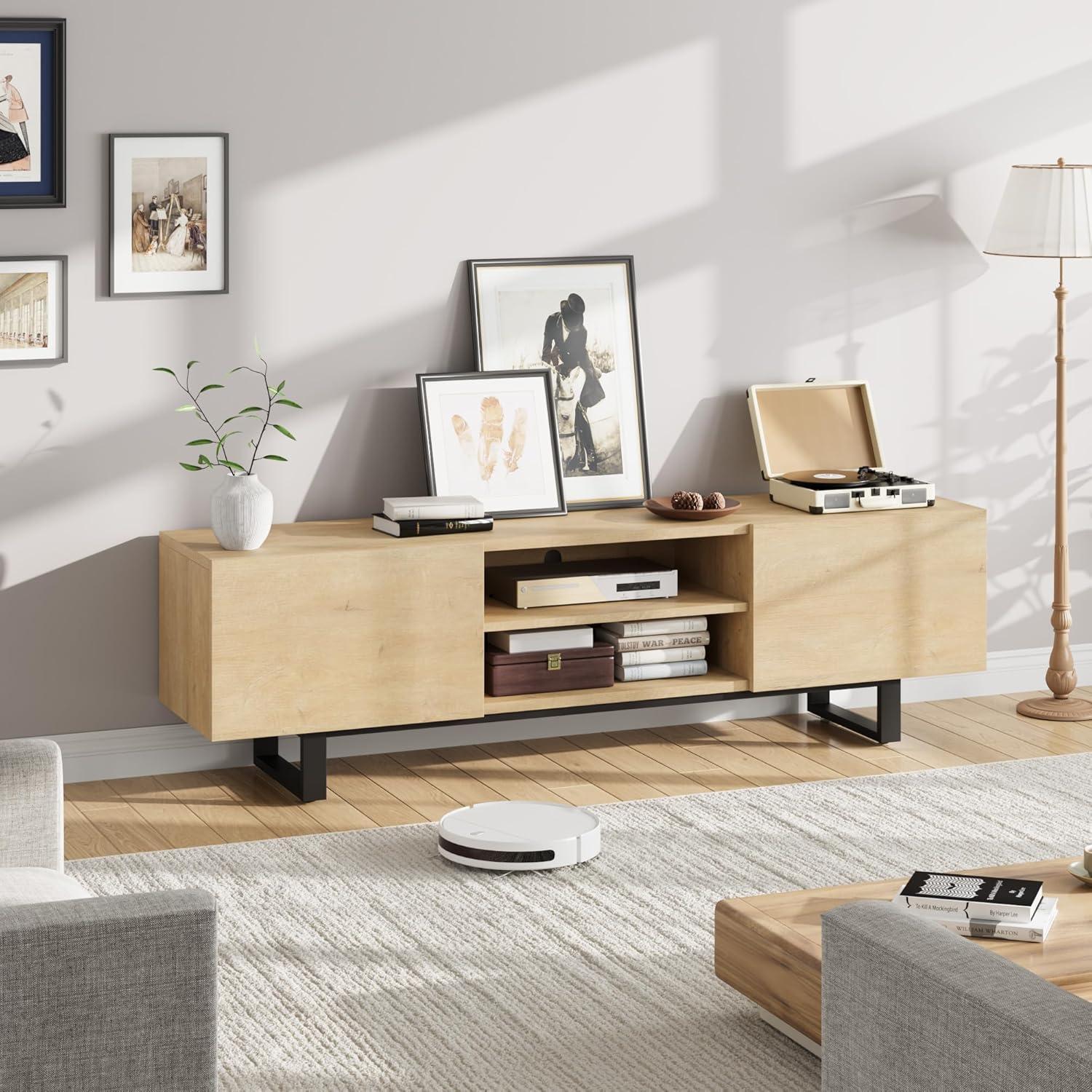 Industrial TV Stand for 80 Inch, Modern Entertainment Center with 2 Drawers, Wooden Cabinet with Heavy Duty Leg and Open Storage for Bedroom, Walnut