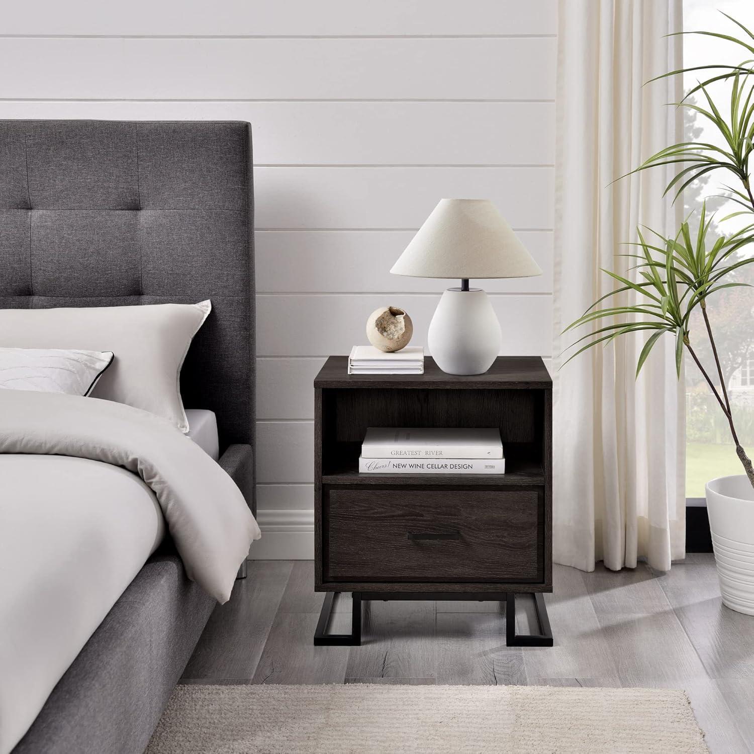 Miekor Furniture Contemporary Metal and Wood 1-Drawer Nightstand – Charcoal B5A6818