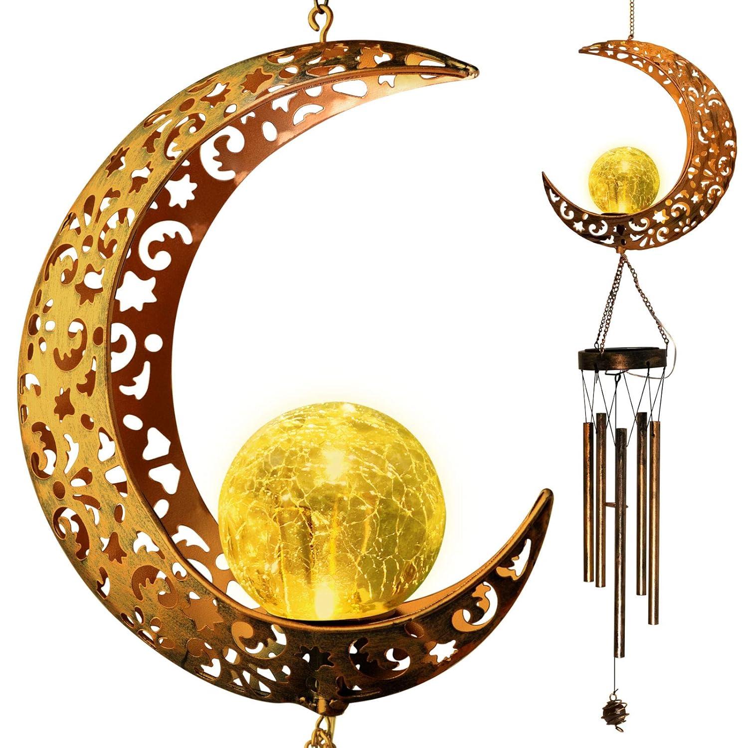 Moon Solar Lights Wind Chimes for Outside Gift for Women Gifts for Mom Grandma Birthday Gifts Large Moon Decor Windchimes Outdoors Gardening Gift for Outdoor Patio Yard Porch Solar Moon Night Lights