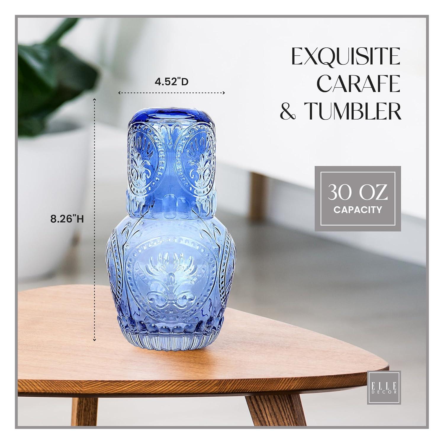 Elle Decor 2-Piece Carafe Set, Bedside Night Water Carafe, Glass Pitcher and Cup that Doubles as a Lid, Perfect for Desktop/Shelf (Blue)