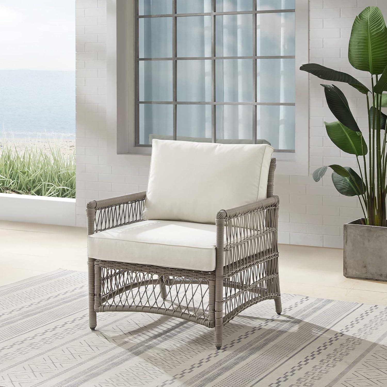 Island Retreat Thatcher 31" Steel Frame Resin Wicker Armchair with Creme Cushions