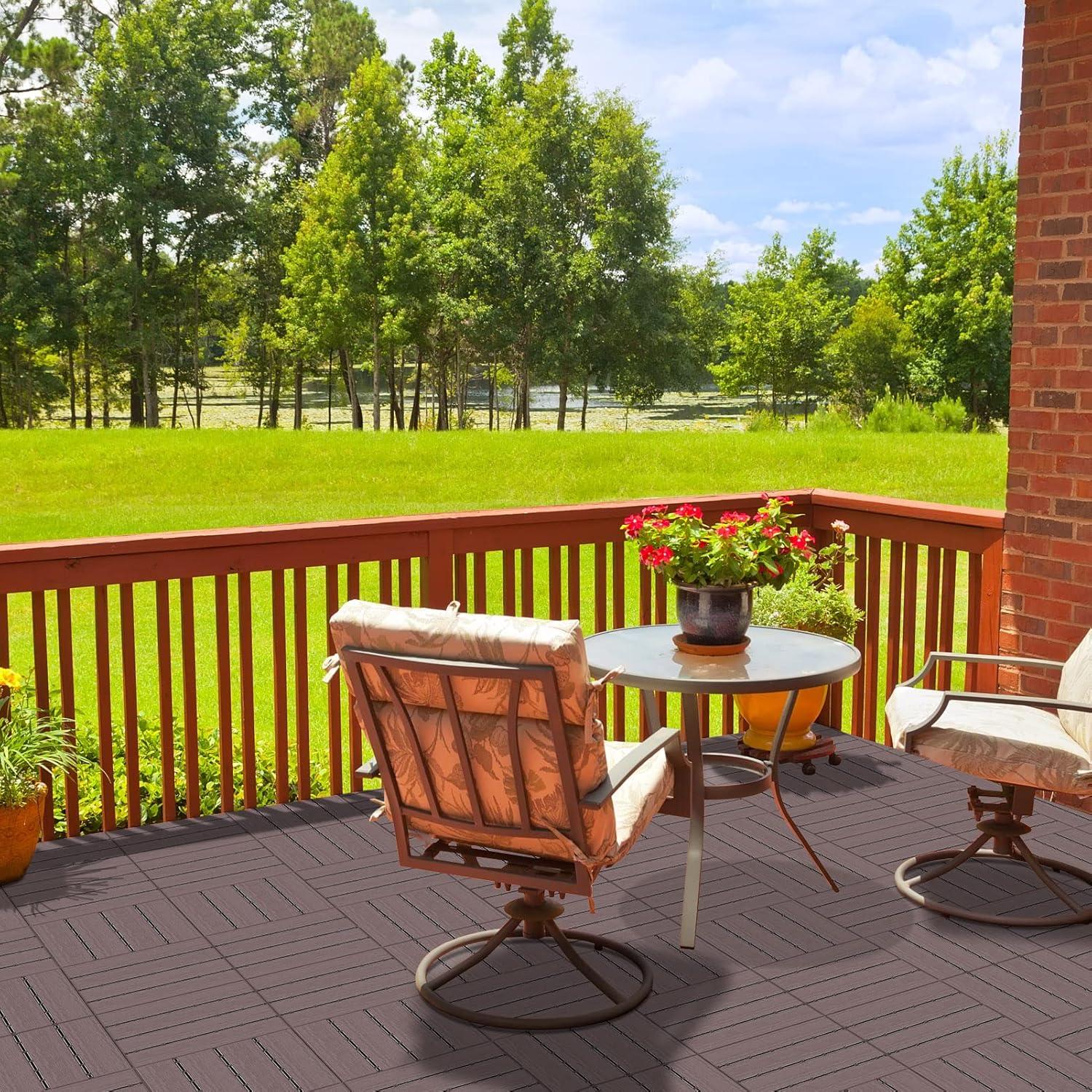 Goovilla 27 sq. ft Plastic Interlocking Deck Tiles，27PCS Waterproof Patio Balcony Flooring, 12"x12" Outdoor Interlocking Deck Tile for All Weather Porch Poolside Grass Dirty, Decking Tiles, Dark Brown