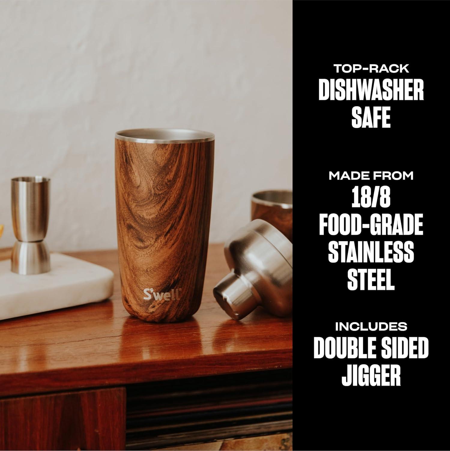 S'well Stainless Steel Shaker Set with Jigger Carafe - 18 Fl Oz - Teakwood - Triple-Layered Vacuum