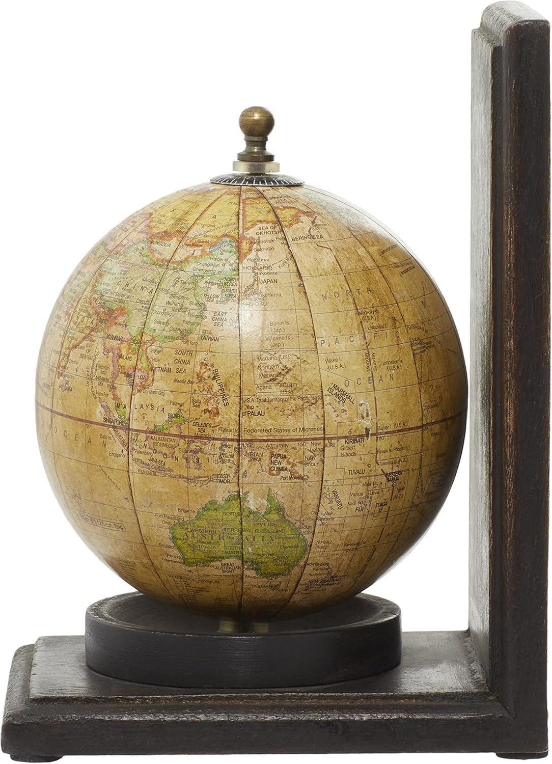 Elegant Sepia Globe Wooden Bookends with Metallic Accents, Set of 2