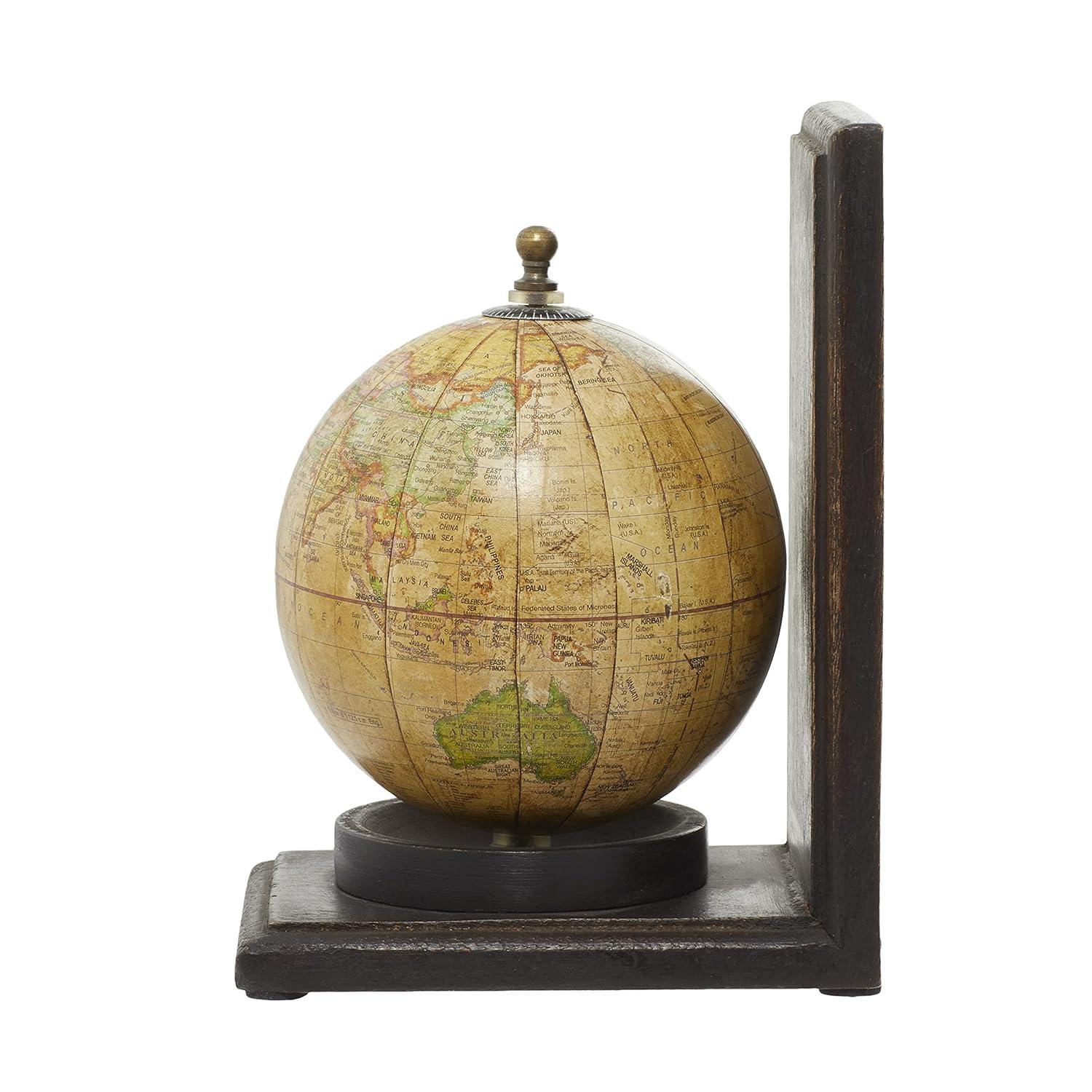 DecMode 6" Globe World Map Brown Wood Bookends (Set of 2)