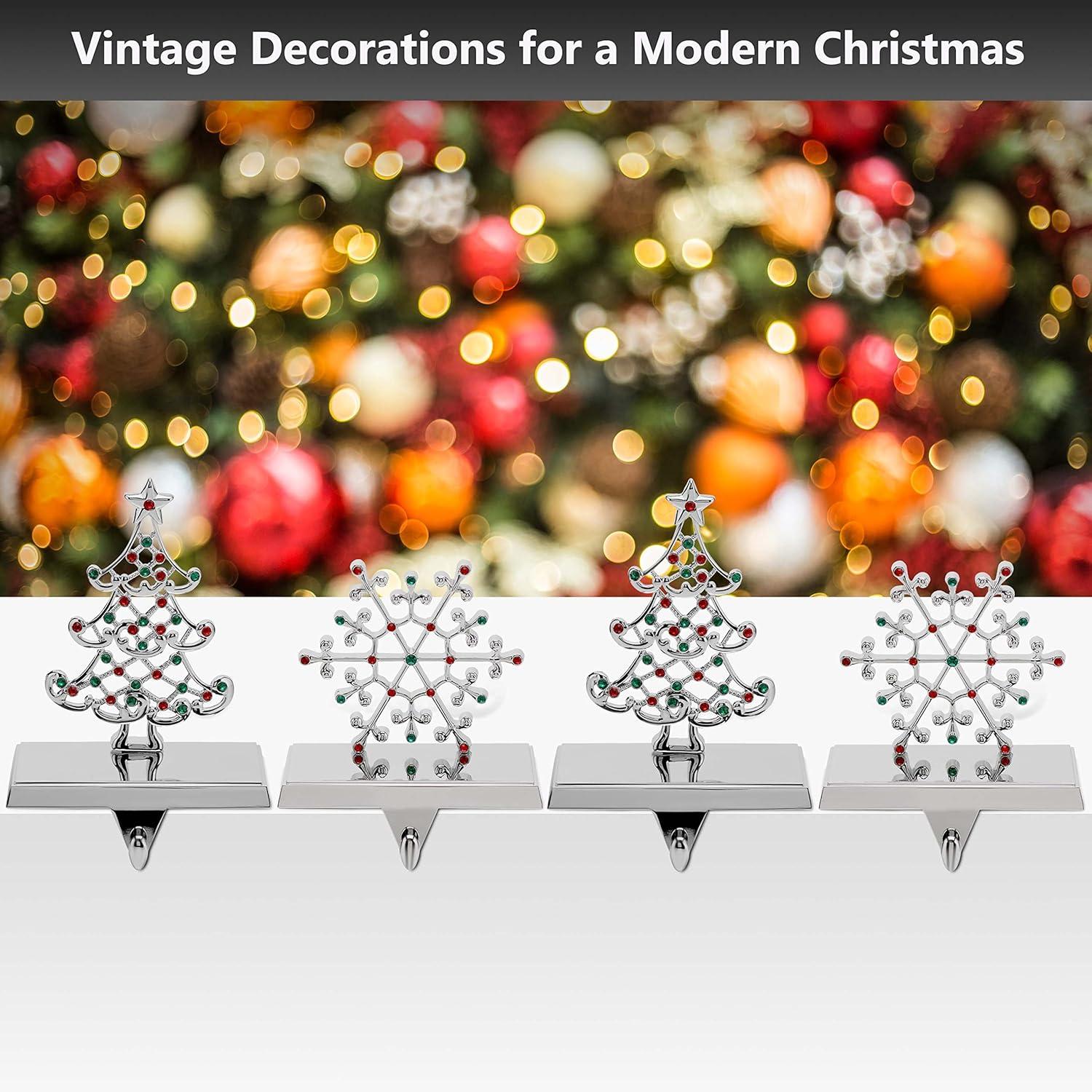 Nickel-Plated Snowflake and Christmas Tree Stocking Holders with Colored Stones