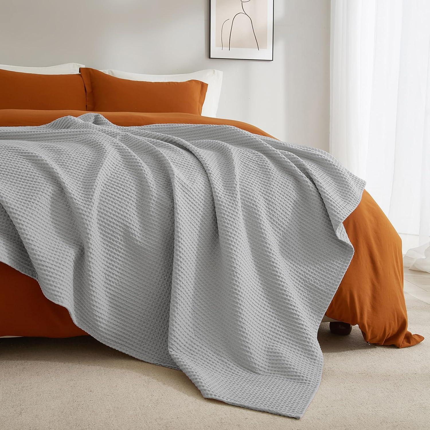 PHF Cotton Waffle Weave Blanket Lightweight Washed Cotton Bed & Couch Blanket, Light Grey, 66" x 90"