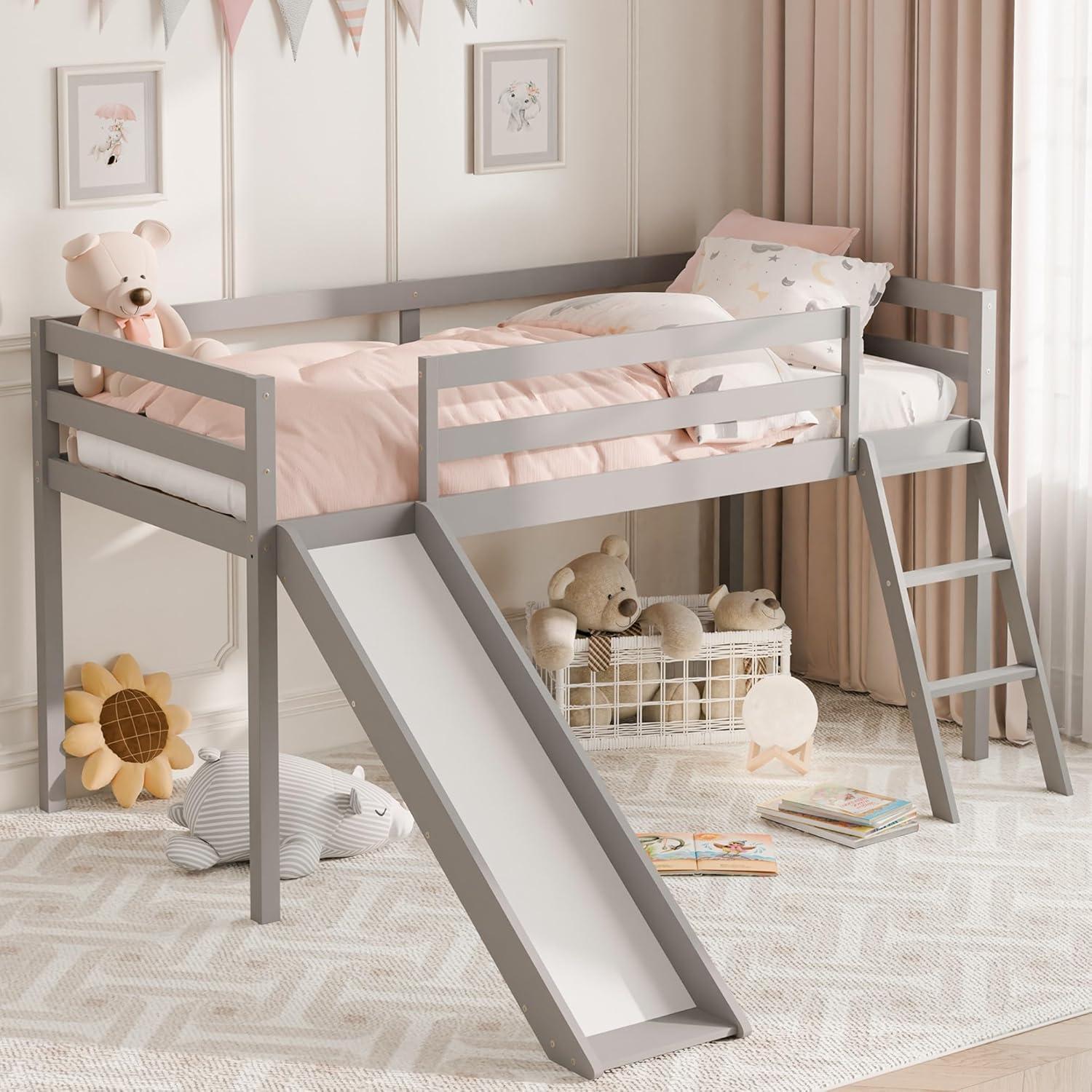 Harper & Bright Designs Kids Loft Bed with Slide,Twin Size Low Loft Beds for Girls Boys Solid Pine Wood Toddler Loft Bed with Ladder and Guard Rails,White
