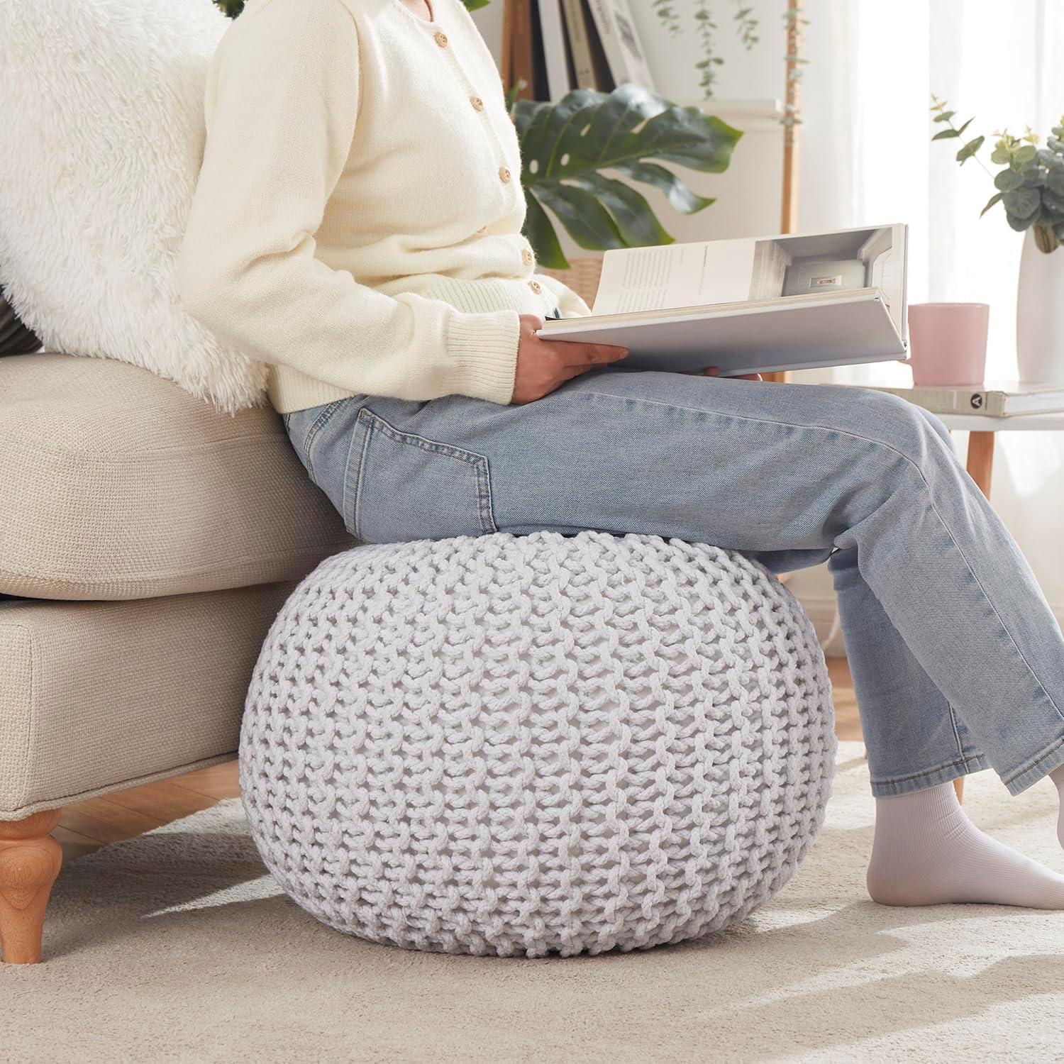 Ornavo Home Cotton Classic Braid Pouf Ottoman - 15" x 18.5" - White