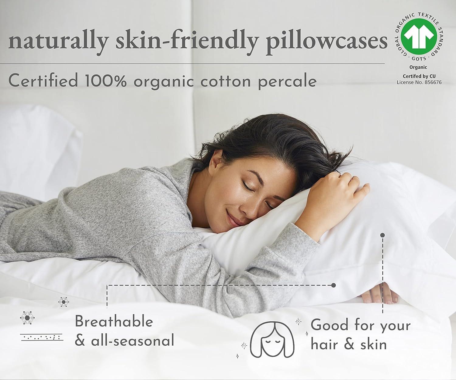 100% Organic Cotton Pillowcase Set - 300 Thread Count Percale, GOTS Certified - California Design Den