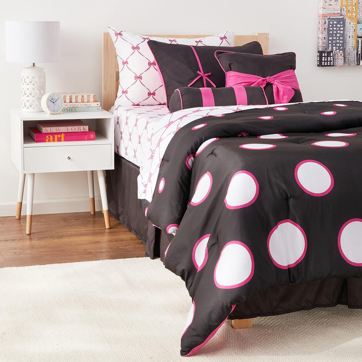 VCNY Home Kids' Sophie 8-Piece Black/Pink Polka Dot Polyester Bed in a Bag, Twin, Girls