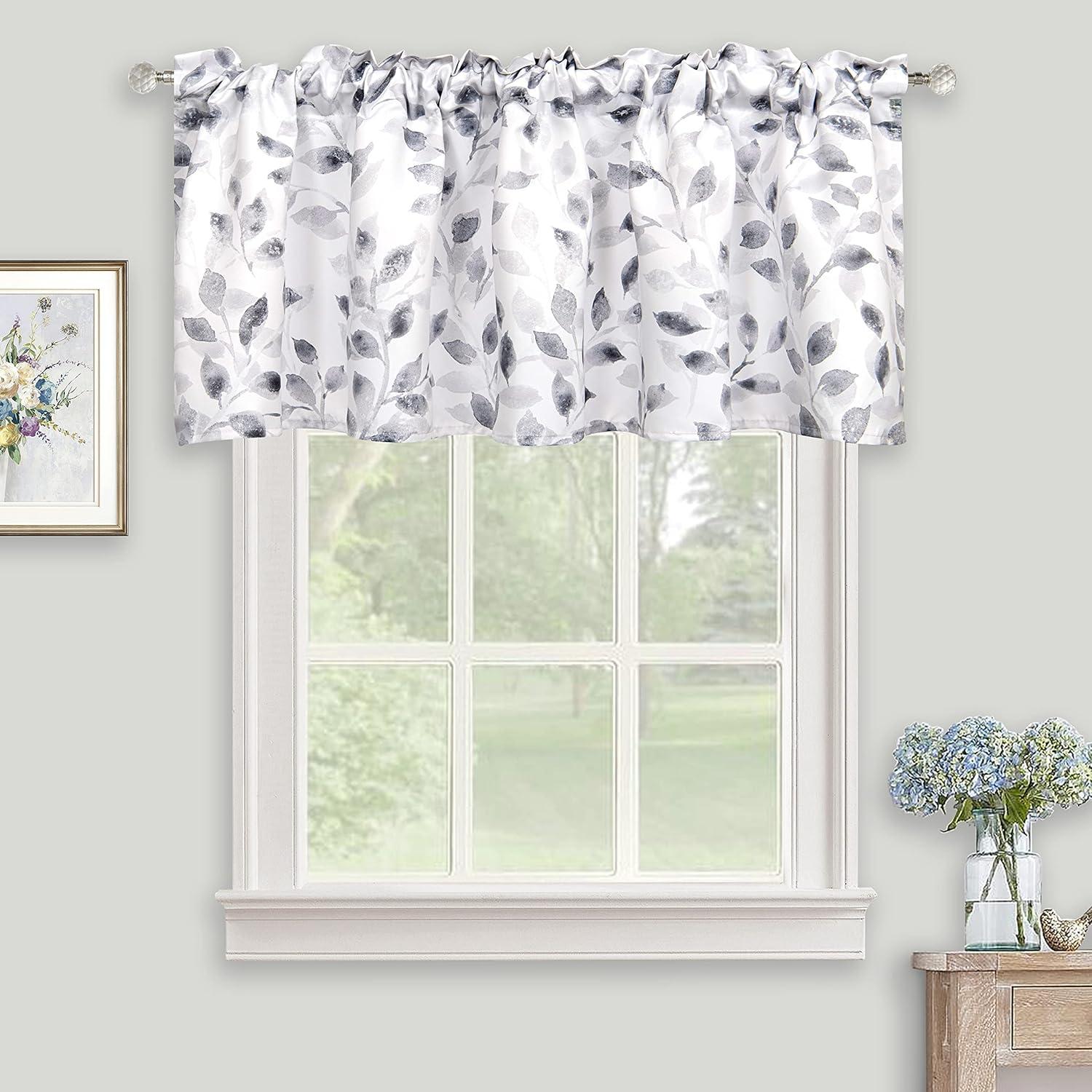 Gray and White Watercolor Leaves Rod Pocket Valance