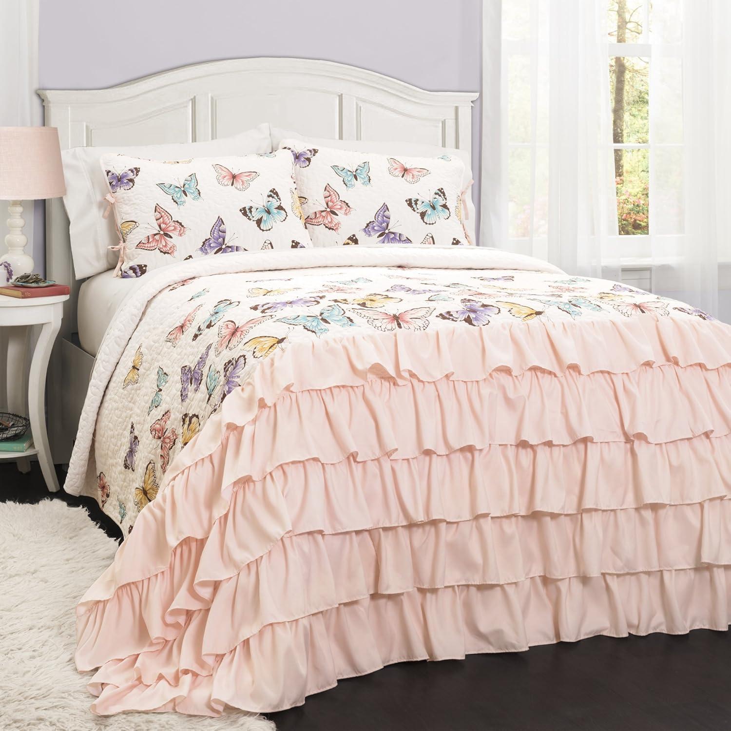 Pink Butterfly Ruffled Microfiber Full Quilt Set