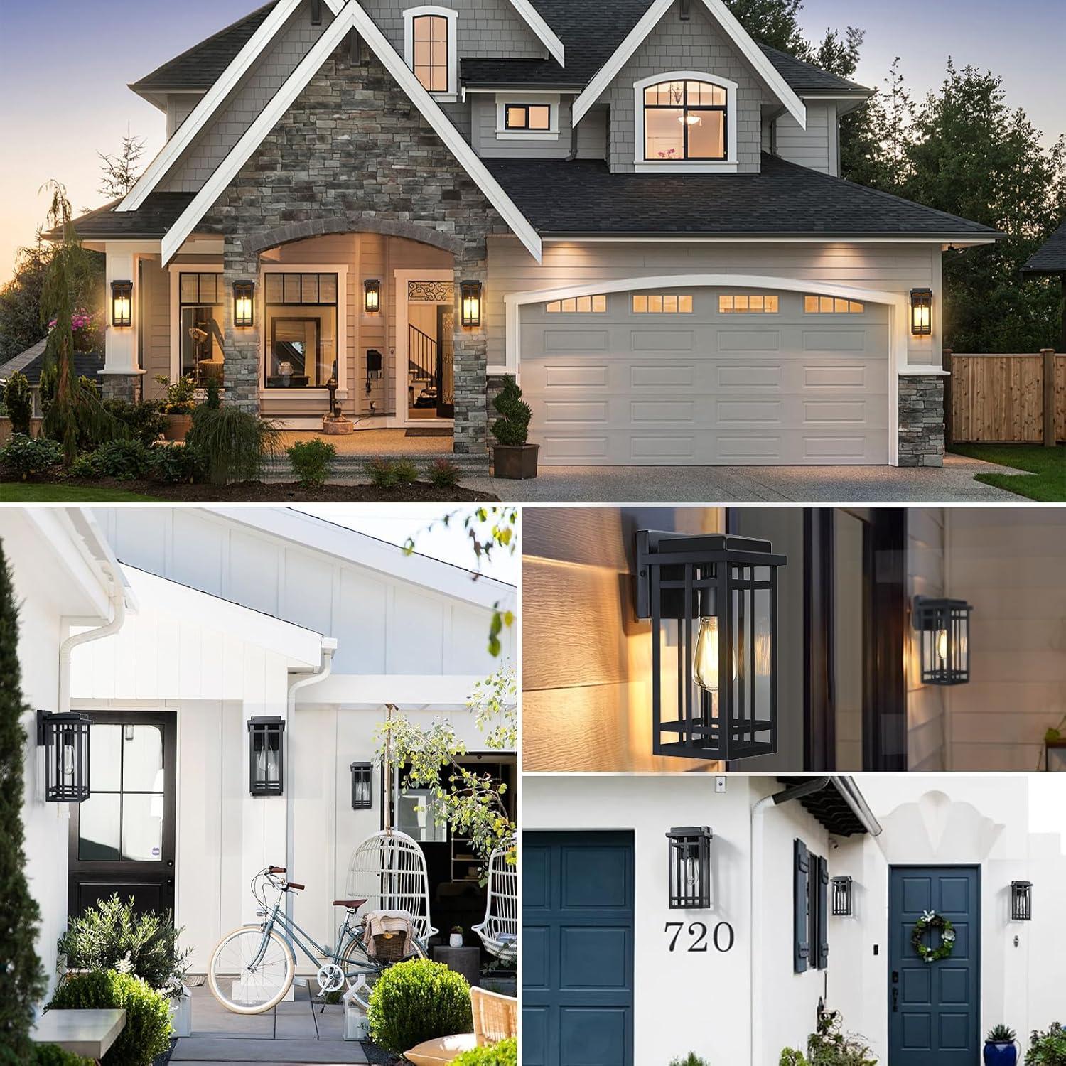 Black Modern Outdoor Wall Lanterns with Tempered Glass Shade, 9.76''