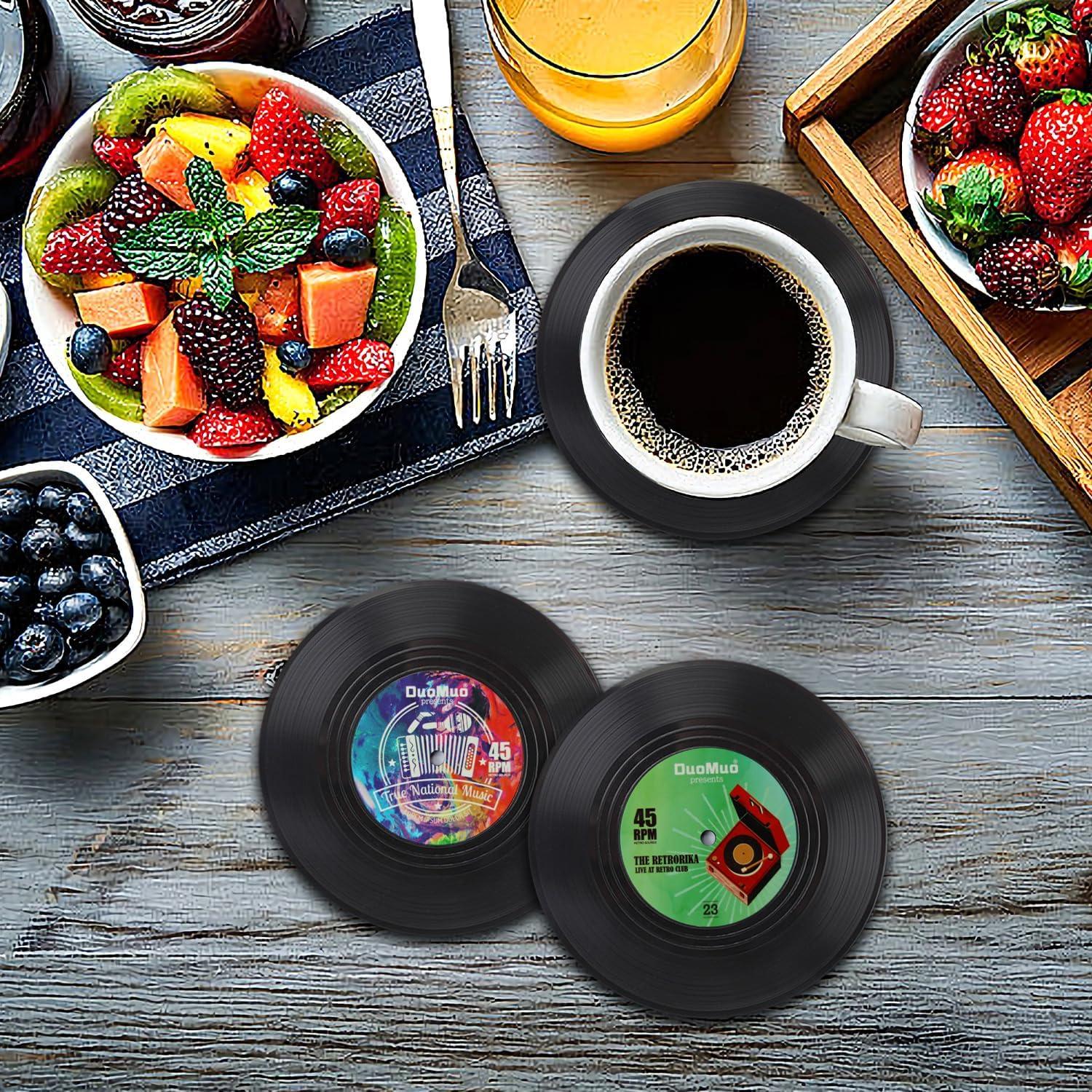 Funny Retro Record Coasters for Drinks with Vinyl Player Holder for Music Lovers,Set of 6 Conversation Piece Sayings Drink Coaster,Housewarming Hostess Wedding Registry Gift Ideas