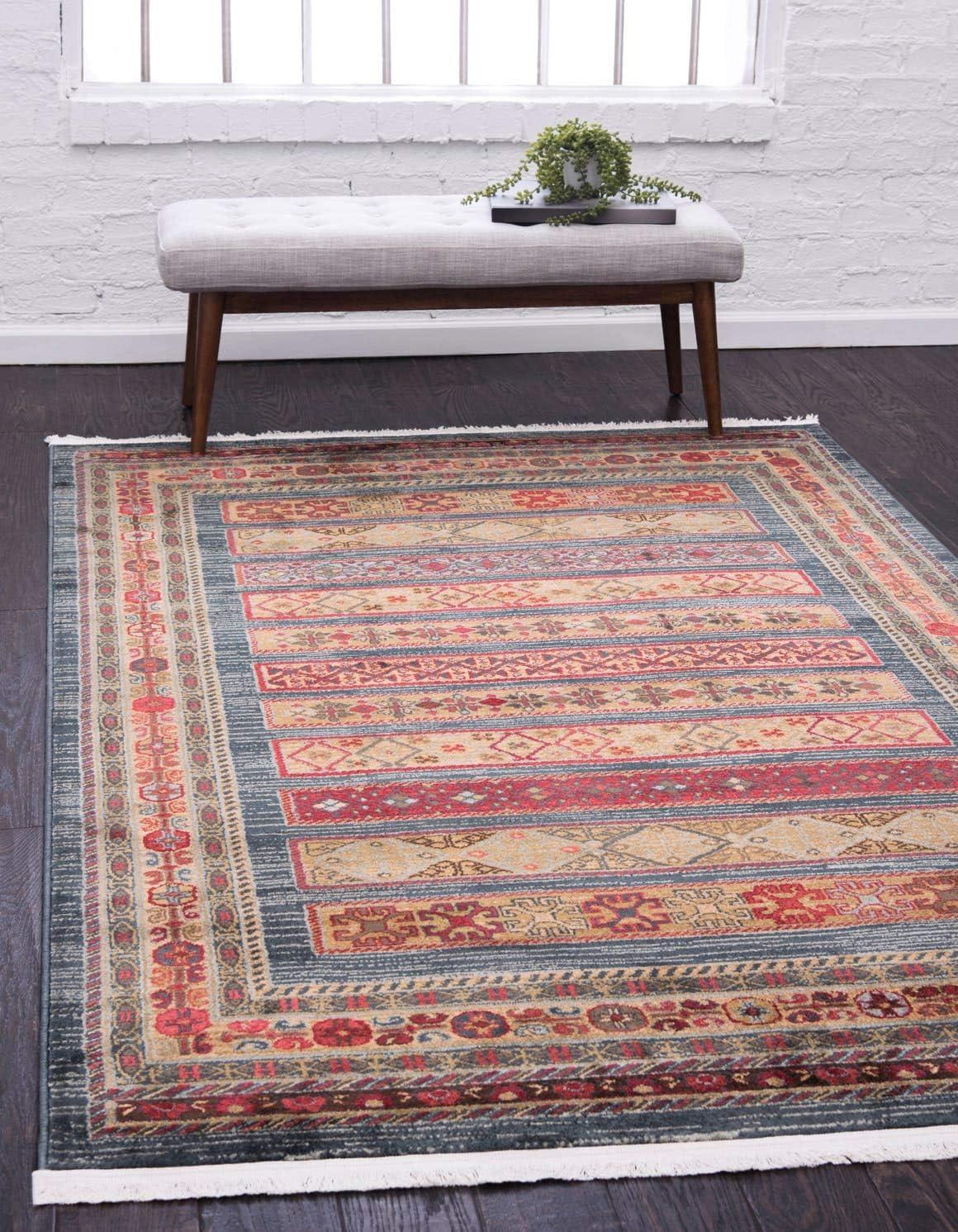 Handmade Rectangular Easy-Care Blue Geometric Synthetic Rug