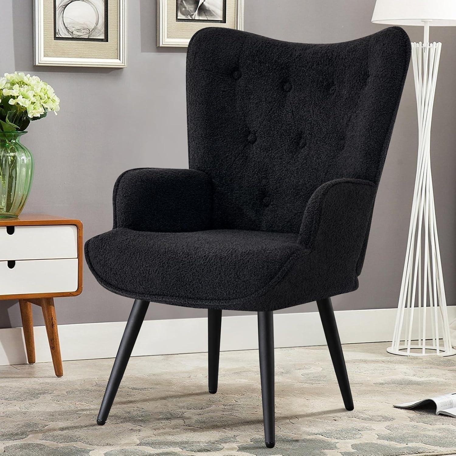 Furniliving Tufted Button Wingback Chair Upholstered Sherpa Accent Chair Leisure Club Chair, Black