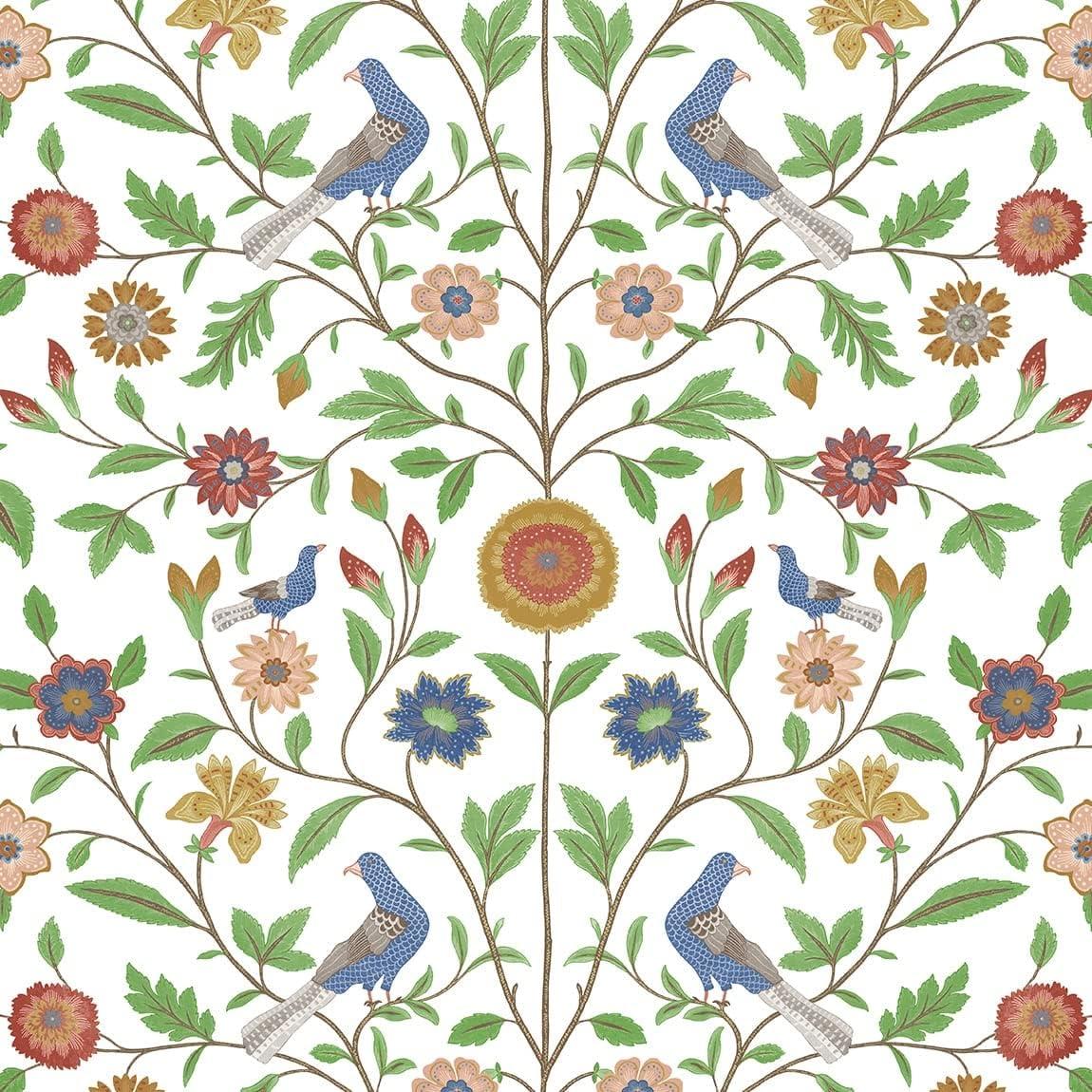 White and Multicolor Bird Toile Vinyl Peel and Stick Wallpaper Roll