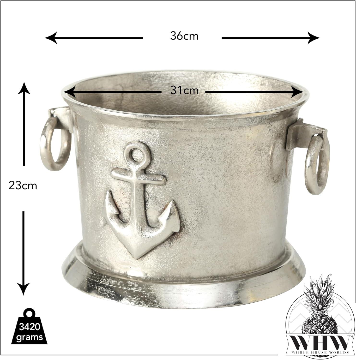 Luxury Champagne Ice Bucket, Elegant Script Text Details, Hand Cast, Silver Aluminum, 18.5 inches