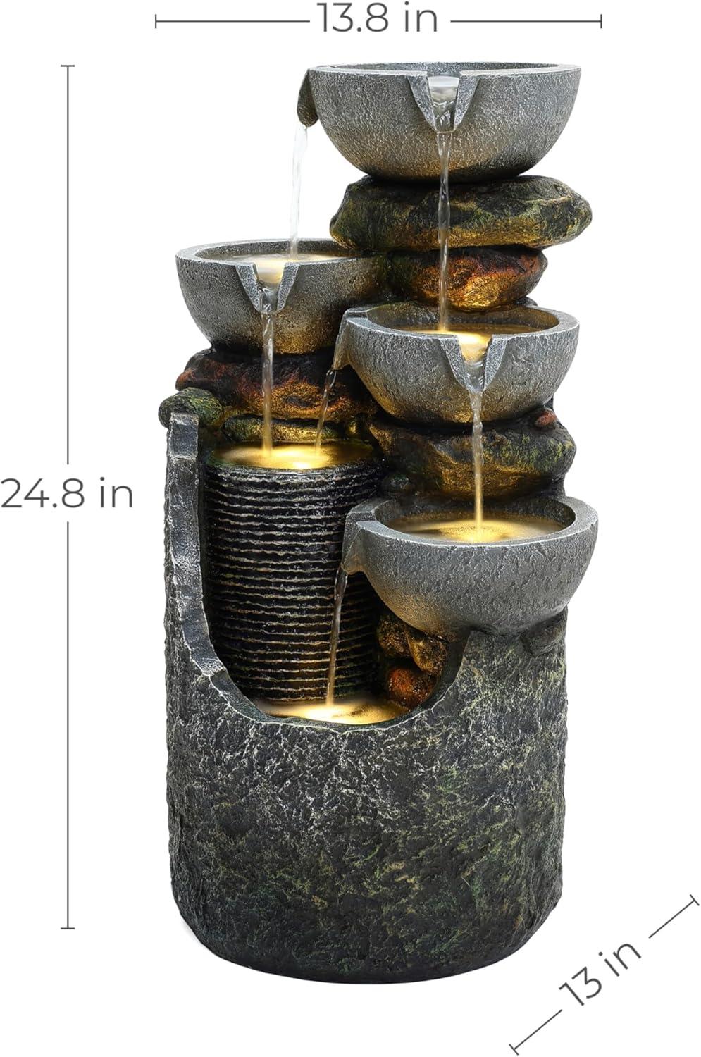 LuxenHome 25" Small Water Fountain Outdoor, Cascading Bowl Garden Water Features with LED Lights Gray