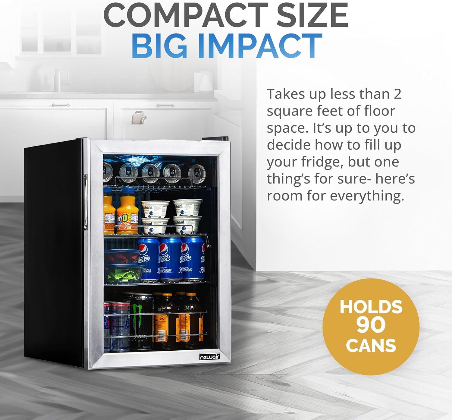 Newair 90 Can Freestanding Beverage Fridge in Stainless Steel, Compact with Adjustable Shelves