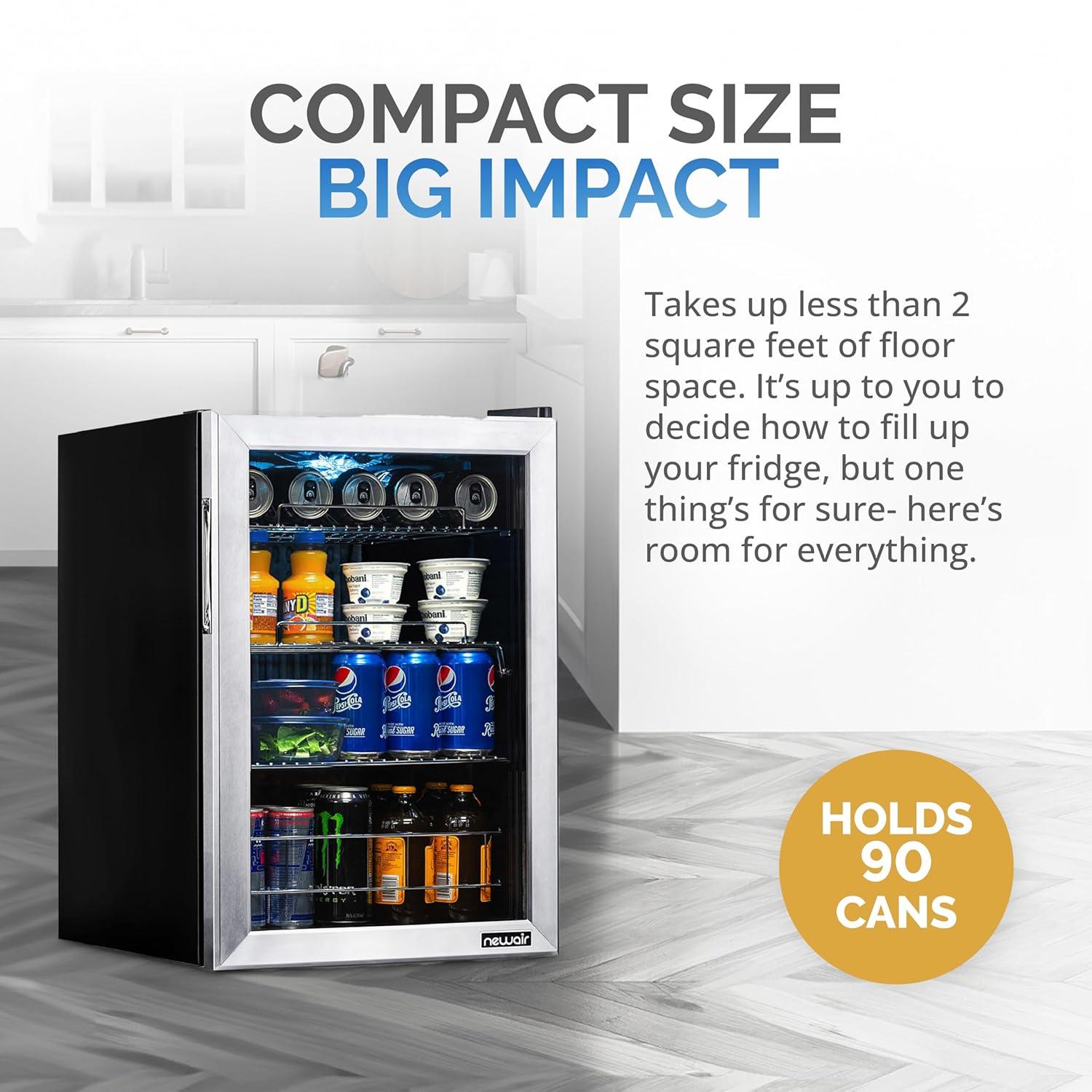 Newair 90 Can Freestanding Beverage Fridge in Stainless Steel, Compact with Adjustable Shelves
