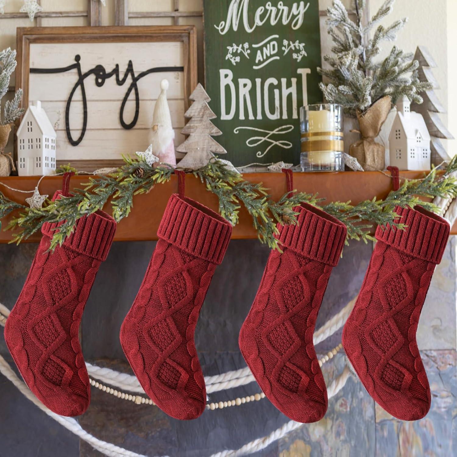 Christmas Stockings, 4 Pack Personalized Christmas Stocking 18 IN Large Cable Knitted Stocking Decorations for Family Holiday Xmas Party Decor, Red