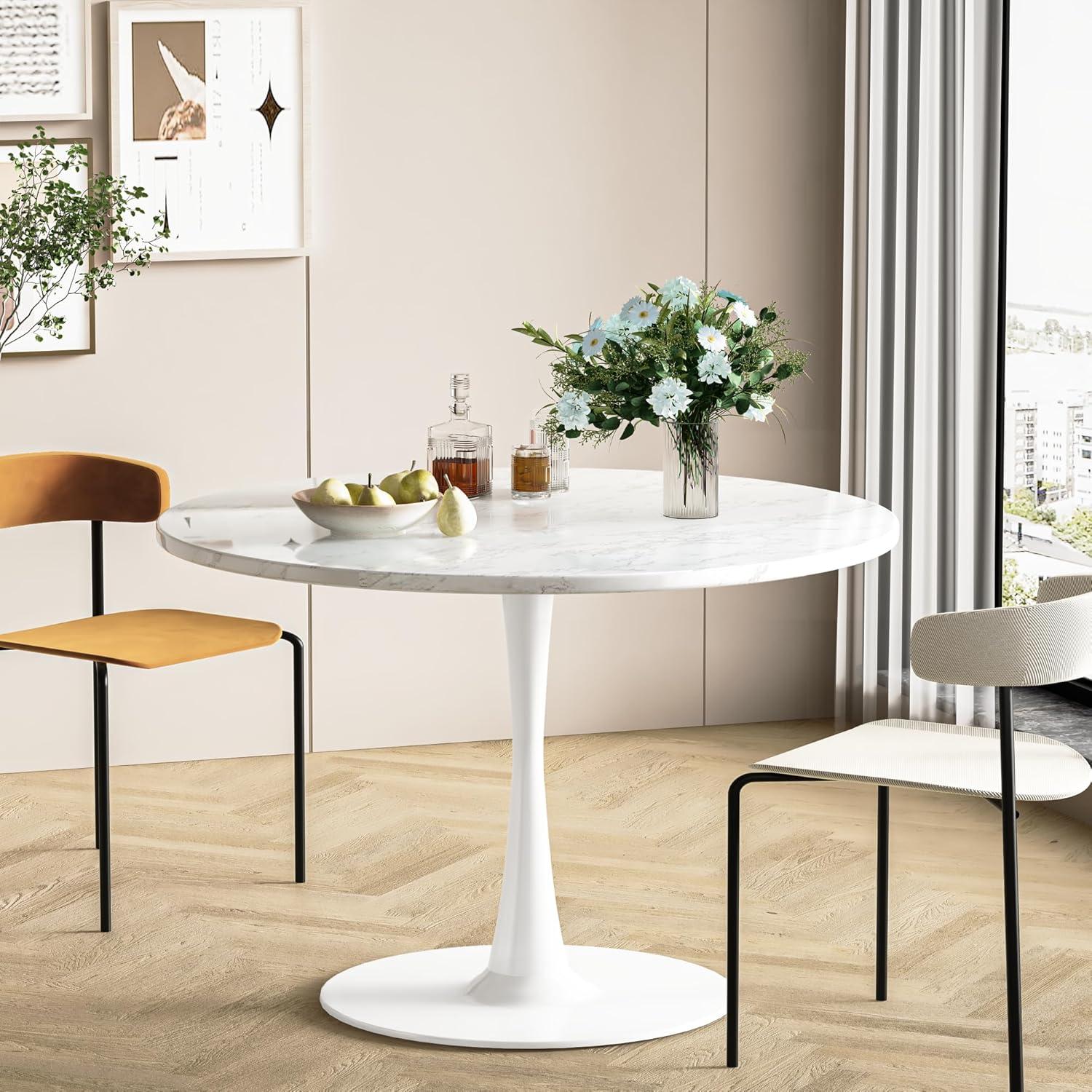 White Marble Round Dining Table, 31.5" Tulip Table Kitchen Dining Table 2-4 People with MDF Table Top & Pedestal Base, Mid-Century End Table Leisure Coffee Table Office Living Room Table