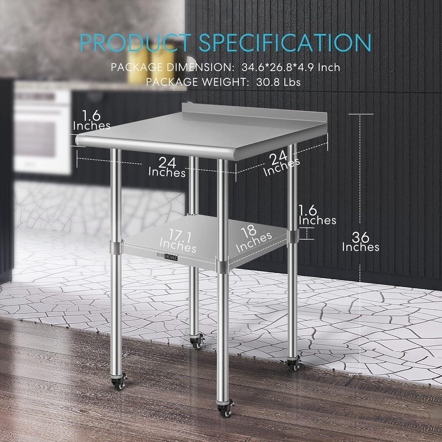 Stainless Steel Work Table with Backsplash and Wheels