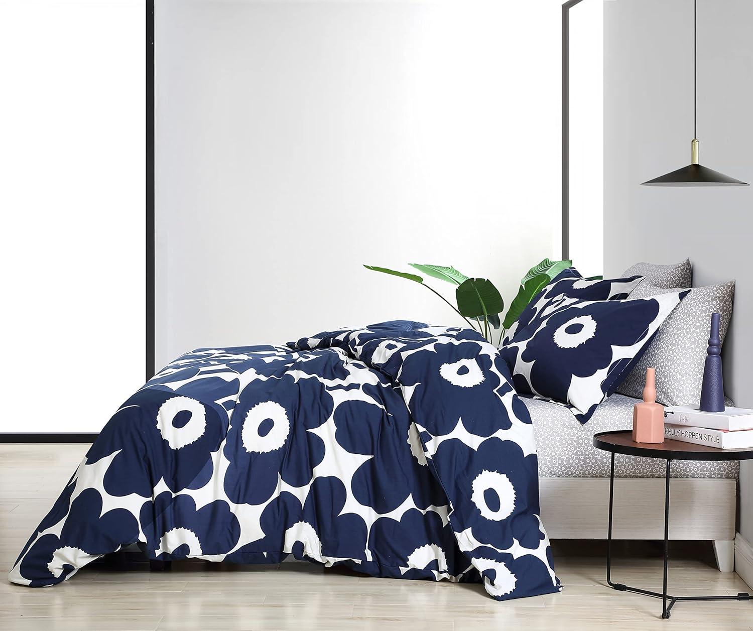 King Blue Floral Cotton Duvet Cover Set with Shams