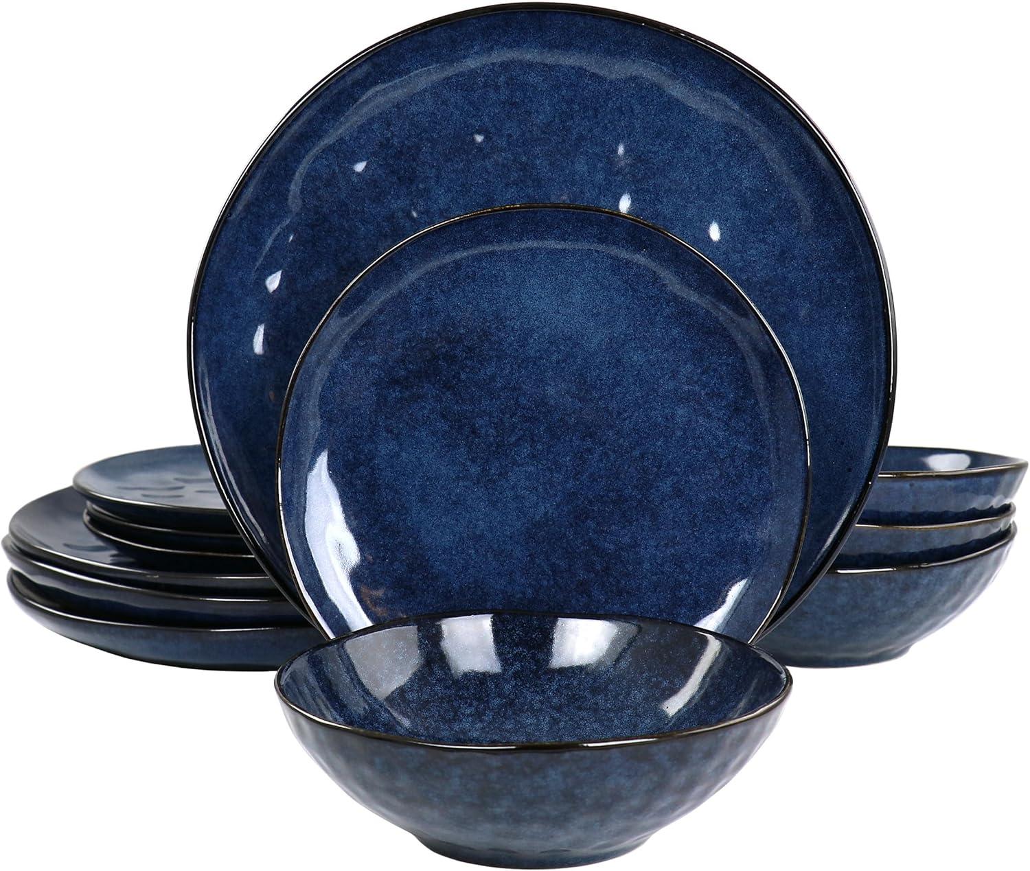 Elama Samara 12 Piece Stoneware Dinnerware Set in Blue