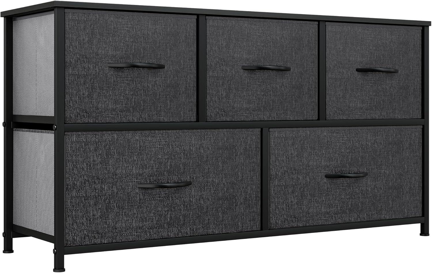 EDX 5 Drawer Dresser, Wide Chest of Drawers Nightstand Storage Tower Storage Fabric Dresser with Wood Top for Living Room, Bedroom, Hallway,Black