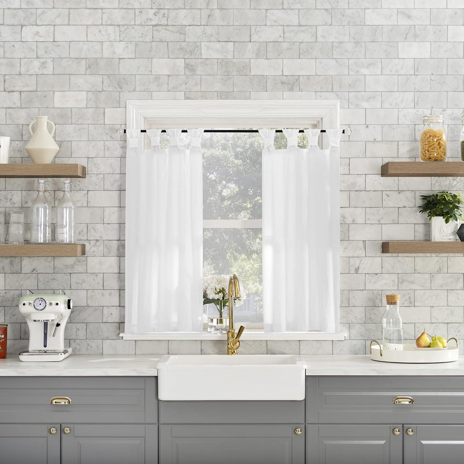 2pc 52"x36" Archaeo Washed Cotton Twist Tab Cafe Curtain Tier Pair White: Kitchen Curtains, 36 Inch, Solid Pattern