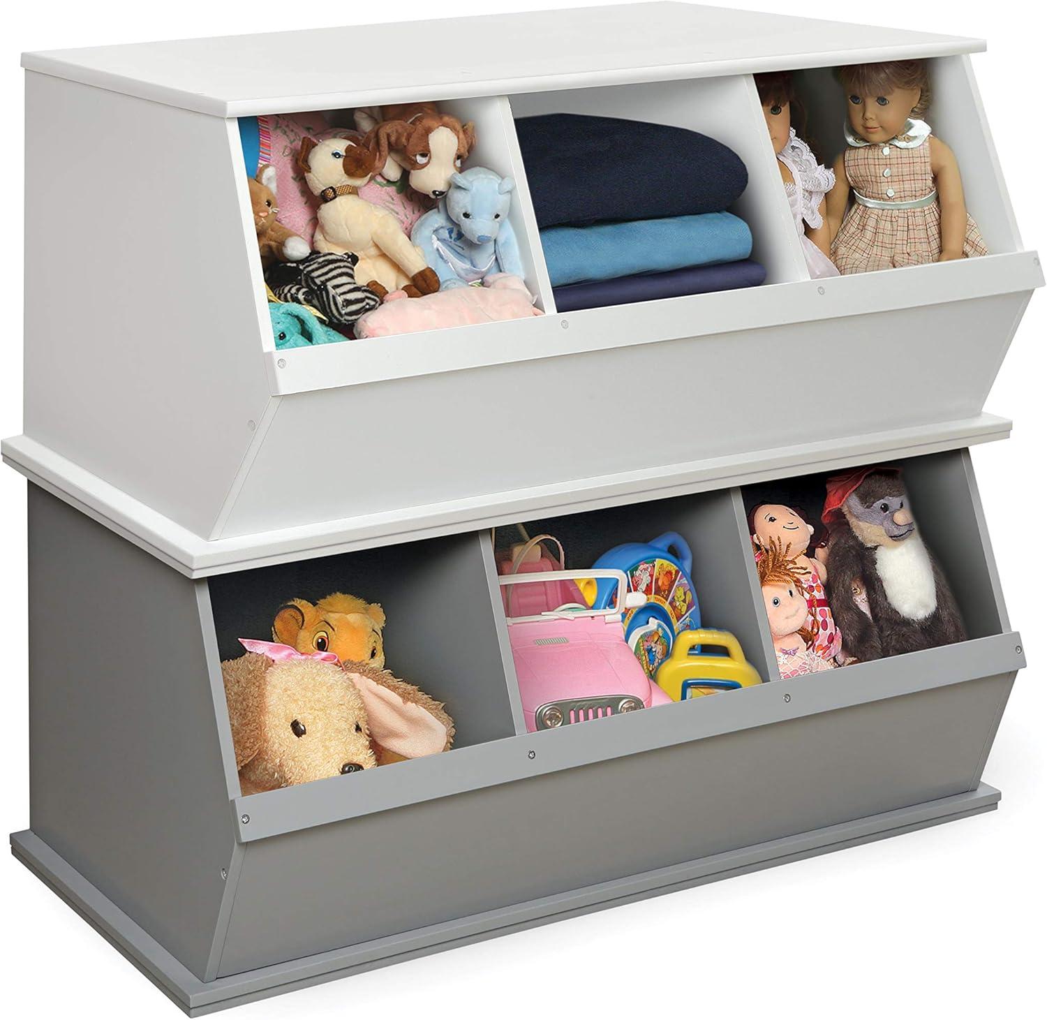 Three Bin Stackable Toy Storage Cubby Organizer - White