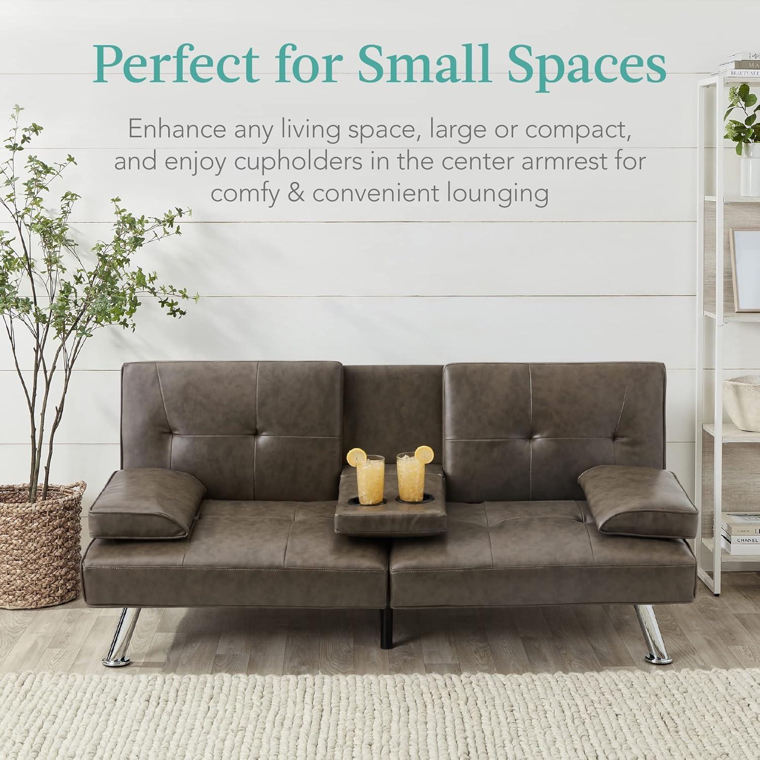 Best Choice Products Modern Faux Leather Convertible Futon Sofa w/ Removable Armrests, 2 Cupholders - Gray