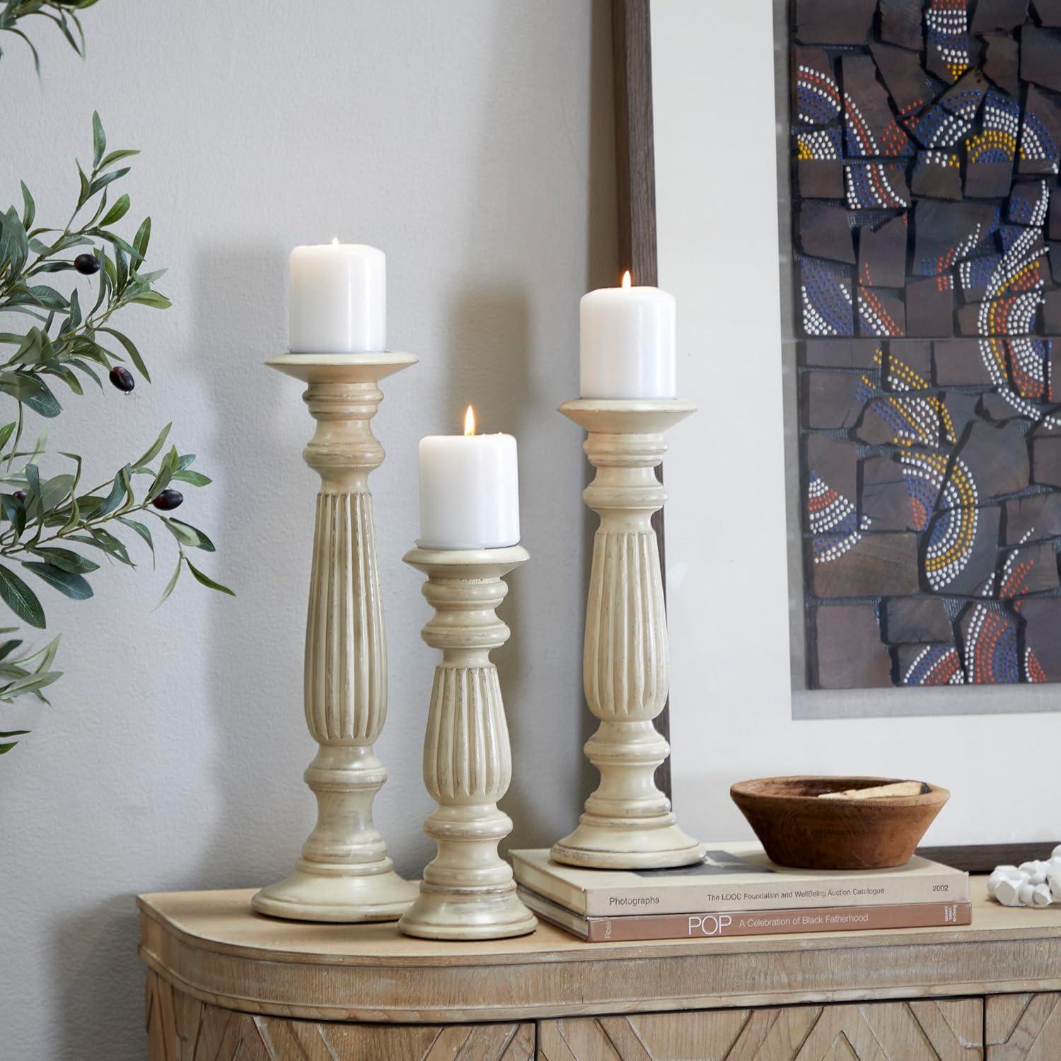 Olivia & May Set of 3 Farmhouse Mango Wood Teardrop Designed Pillar Candle Holders: Rustic Wooden Candlestick Holders