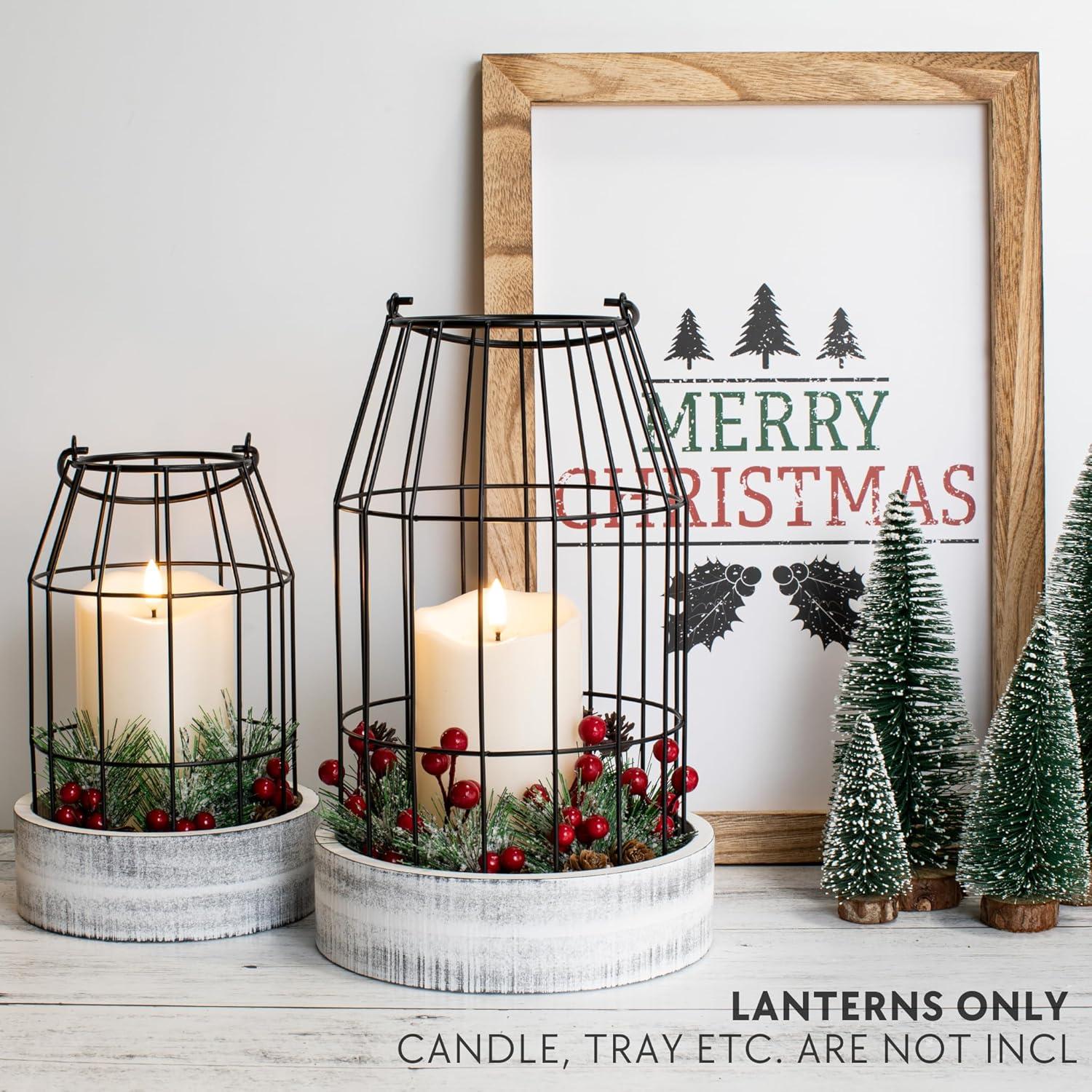 Rustic Farmhouse Lantern Decor Set of 2 - Stylish Decorative Lanterns for Your Living Room, Fireplace Mantle or Kitchen Dining Table - Modern Upscale Beauty for Your Entire Home