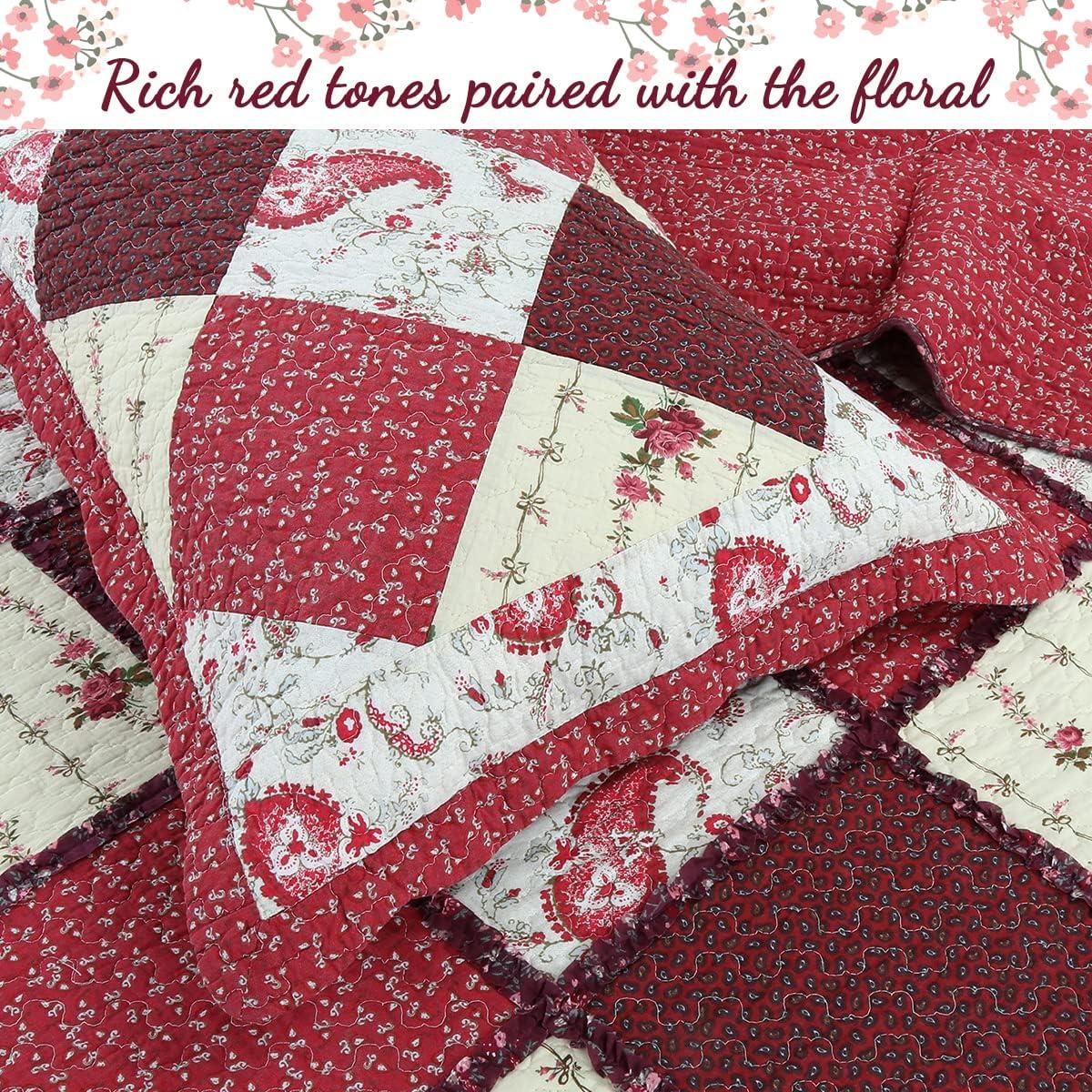 Cozy Line Home Fashions Rich Red Rose Floral Paisley 3-Piece Patchwork Ruffle Scalloped Vintage Farmhouse Cotton Reversible Queen Quilt Bedding Set