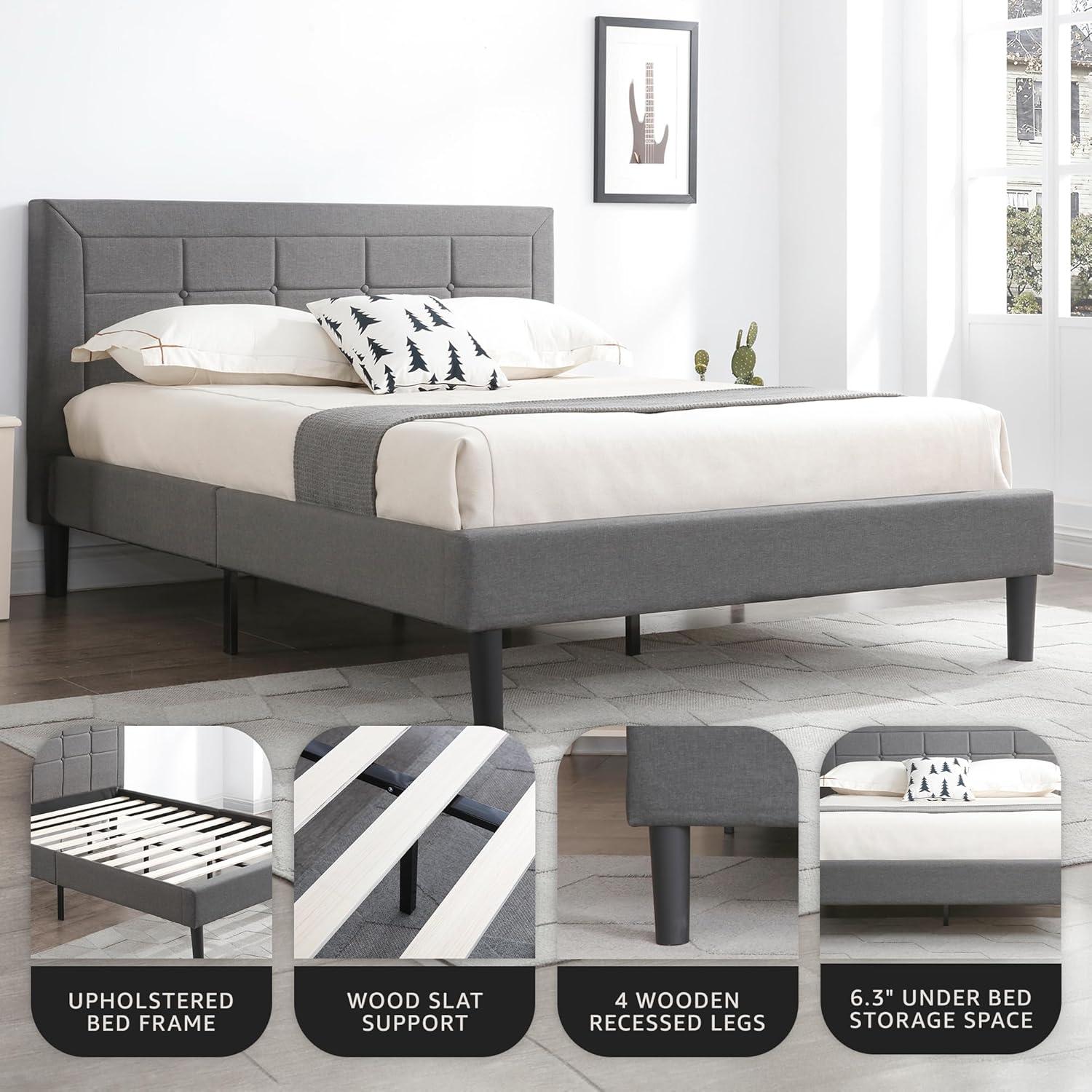 DeCoro Mornington Upholstered 2.0 Platform Full Size Bed Frame with Headboard for Indoor Use, Bedrooms, and Sleep Essentials, Queen, Grey