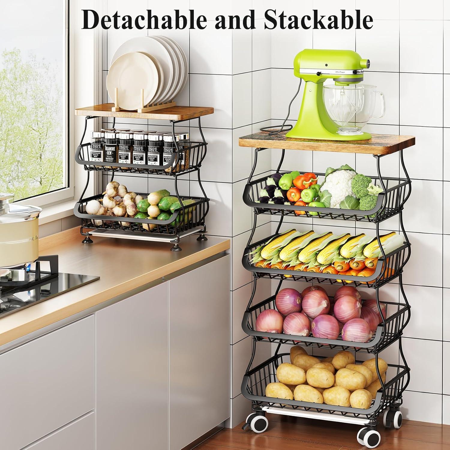 Fruit Basket Kitchen Pantry Organizers and Storage - Wooden Top Table, Stackable Metal Wire Basket Stand Cart for Fruit Vegetable Snacks Jars Bins Containers Organization, Black