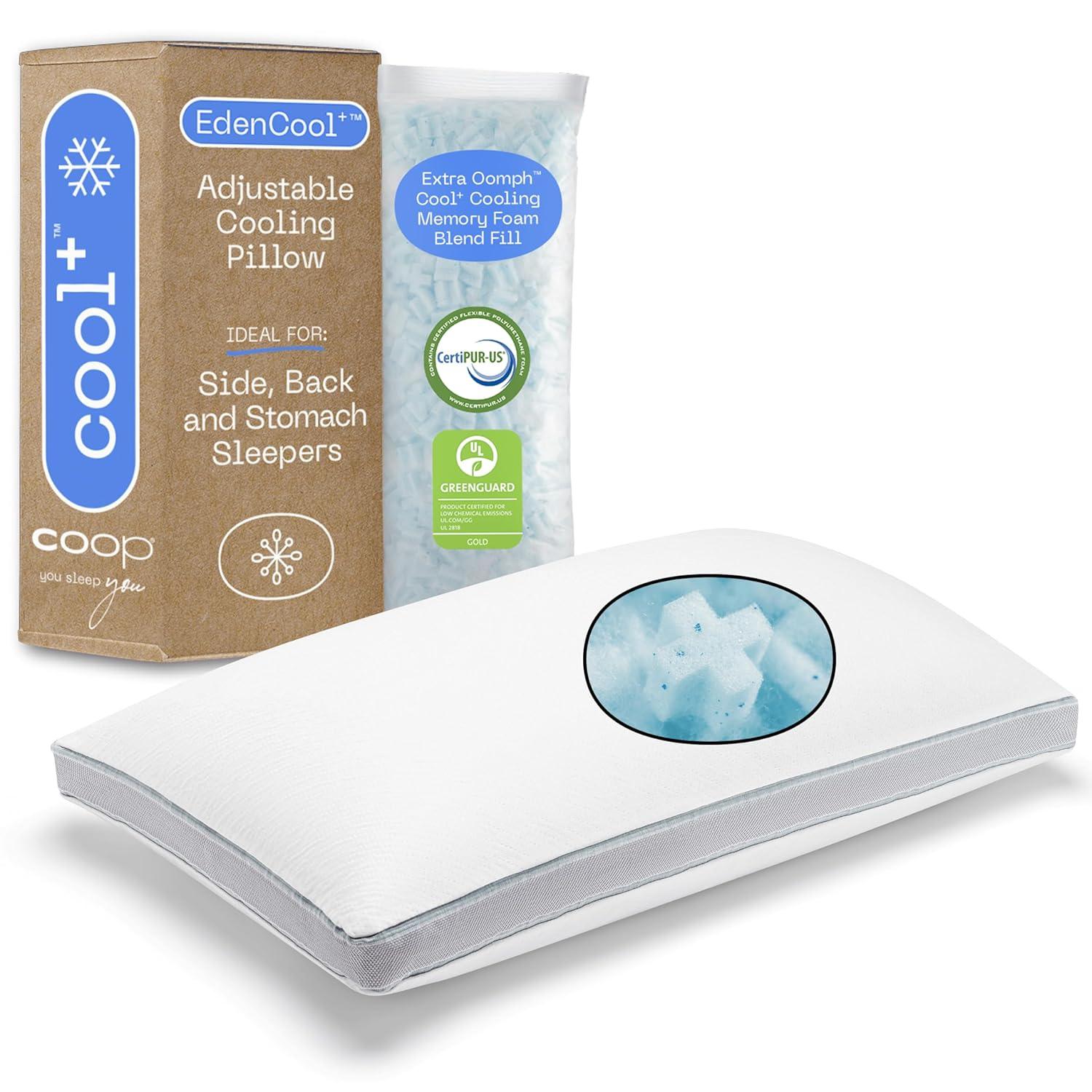 Coop Home Goods The Eden Cool+ Adjustable Pillow, Queen Size Plus Memory Foam Pillows with Cooling Gel, Back, Stomach or Side Sleeper, Neck Support