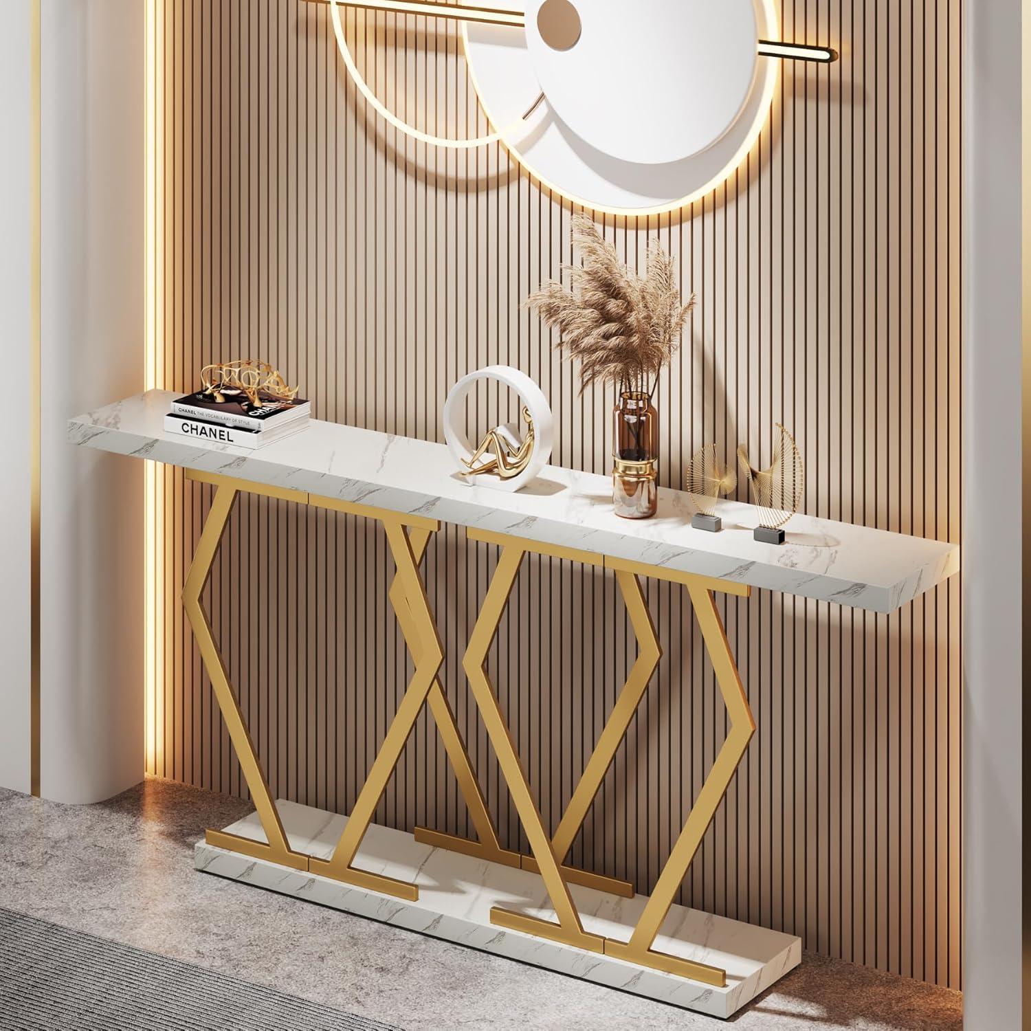 Tribesigns 70.9 Inch Extra Long Sofa Table, Modern Console Table with Faux Marble Tabletop, Long Entryway Table for Entrance, Gold and White