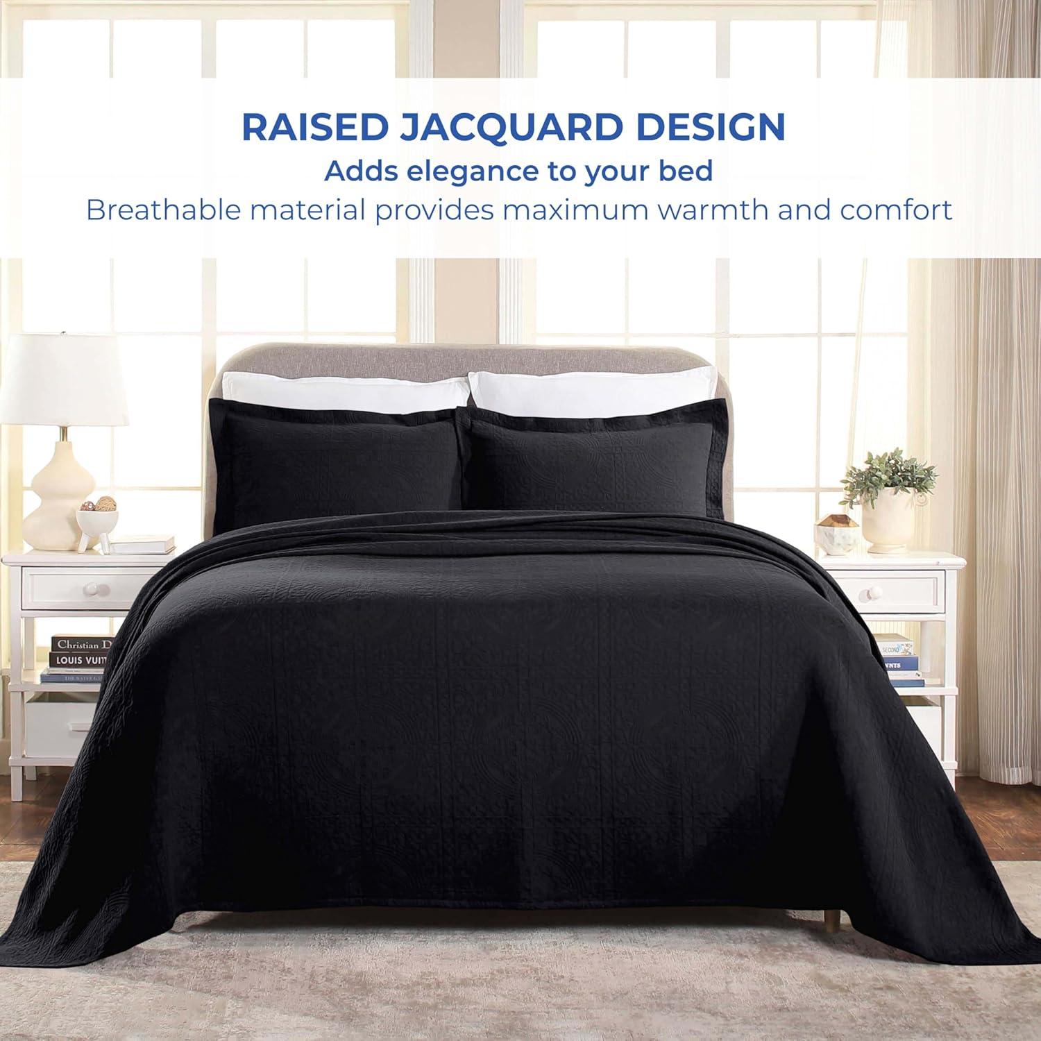 Superior Jacquard Matelasse Cotton Bedspread Set of 3 Pieces, Full, Black