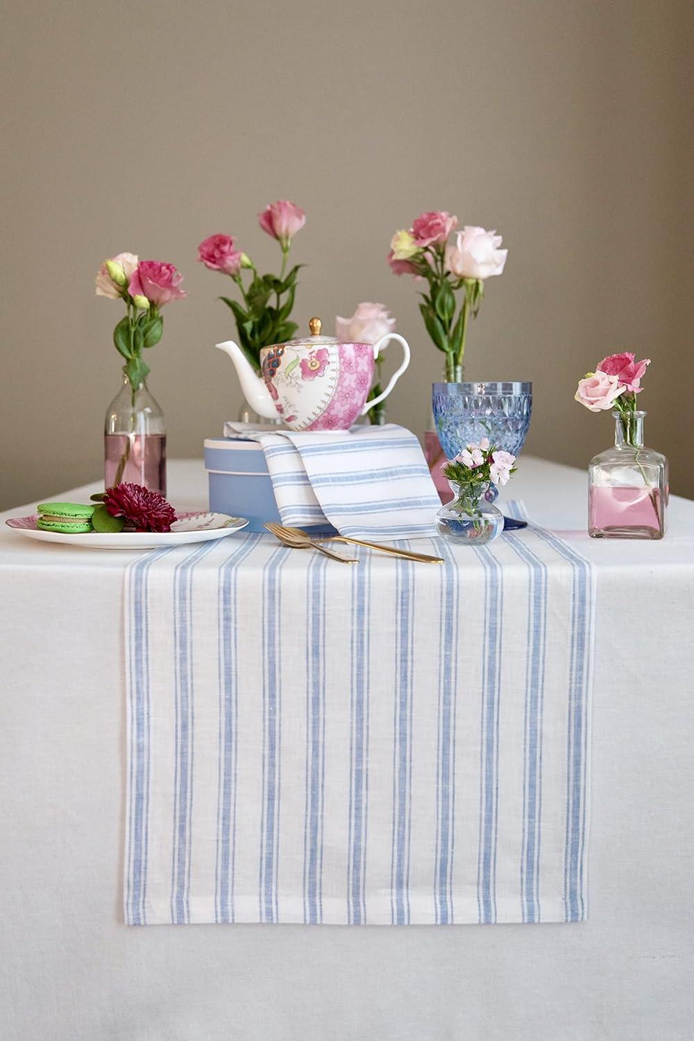 Sky Blue and White Striped Linen Table Runner, 48" x 14"